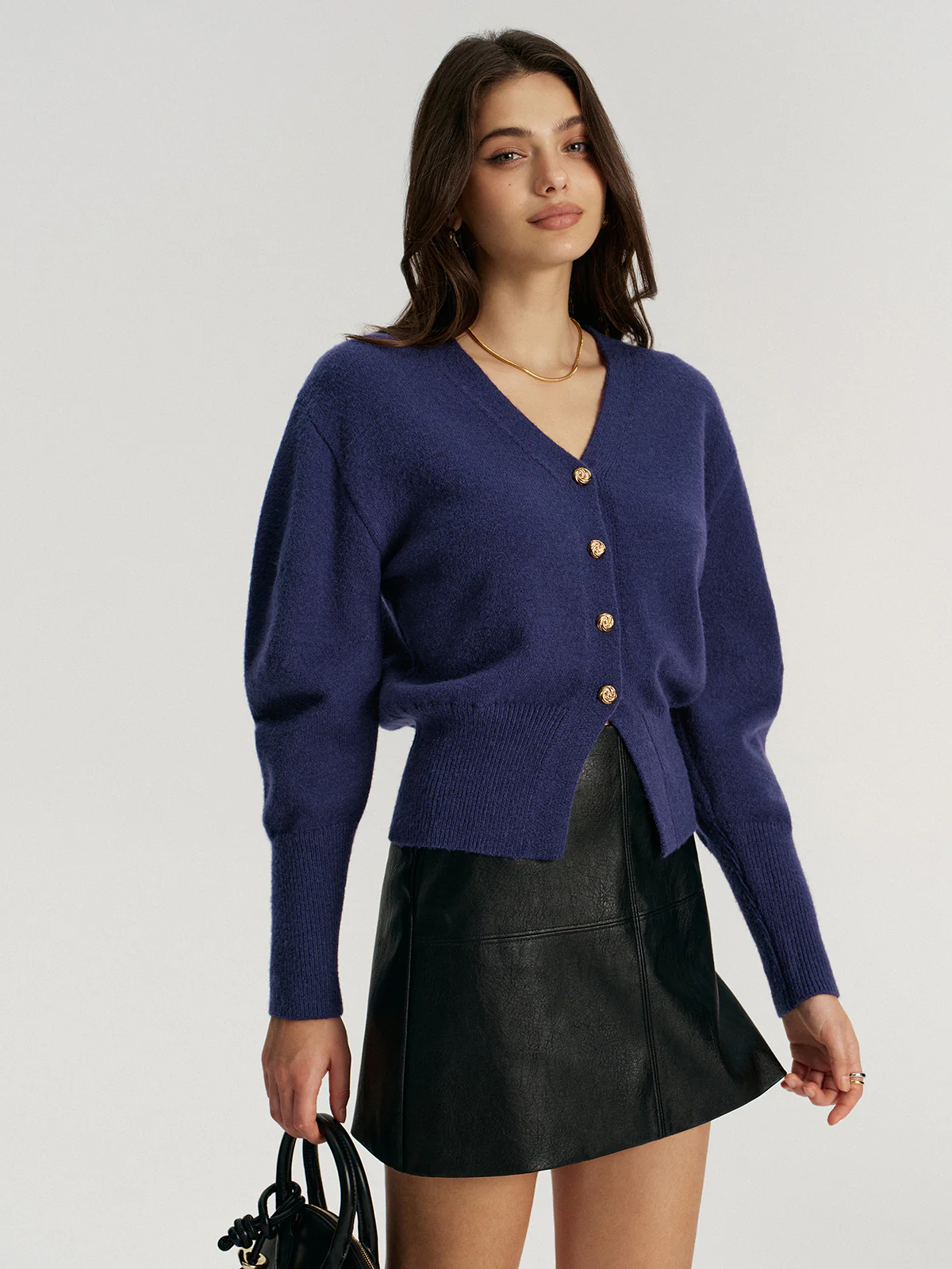 Metal Button V-Neck Knit Cardigan - Image 2