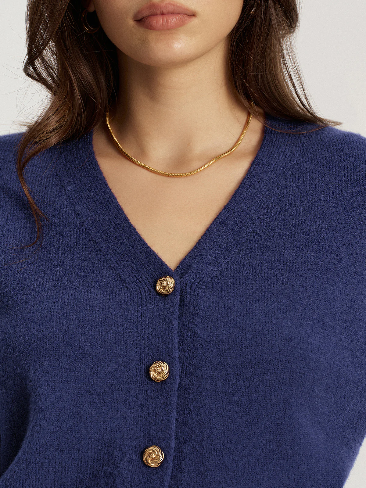 Metal Button V-Neck Knit Cardigan - Image 3