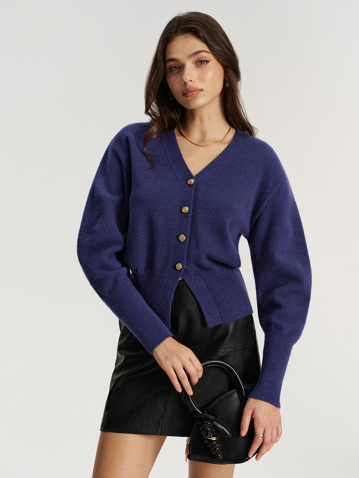 Metal Button V-Neck Knit Cardigan - Image 4