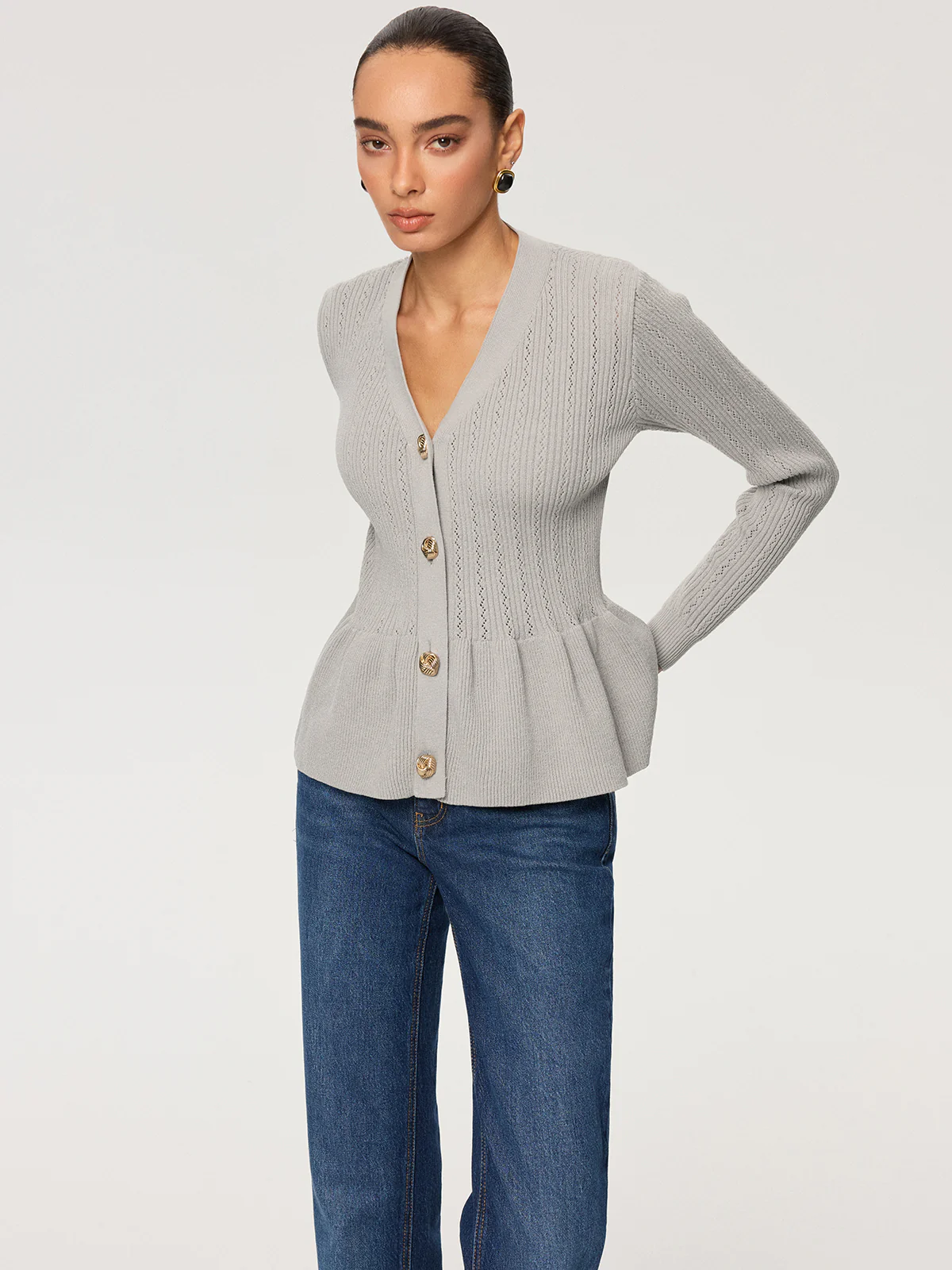 Metal Button V-Neck Peplum Knit Blouse - Image 5