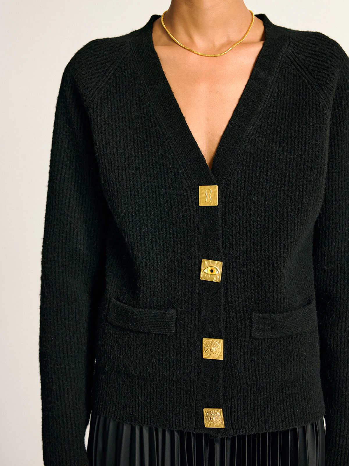 Metal Button V-Neck Wool Blend Cardigan - Image 3
