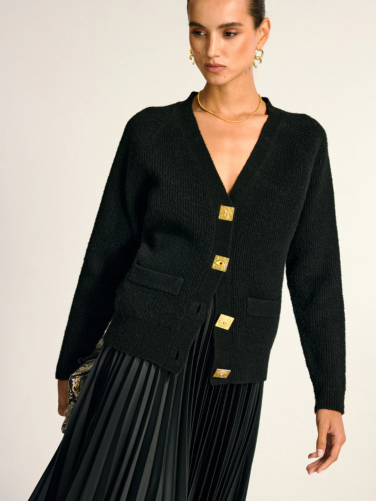 Metal Button V-Neck Wool Blend Cardigan - Image 6