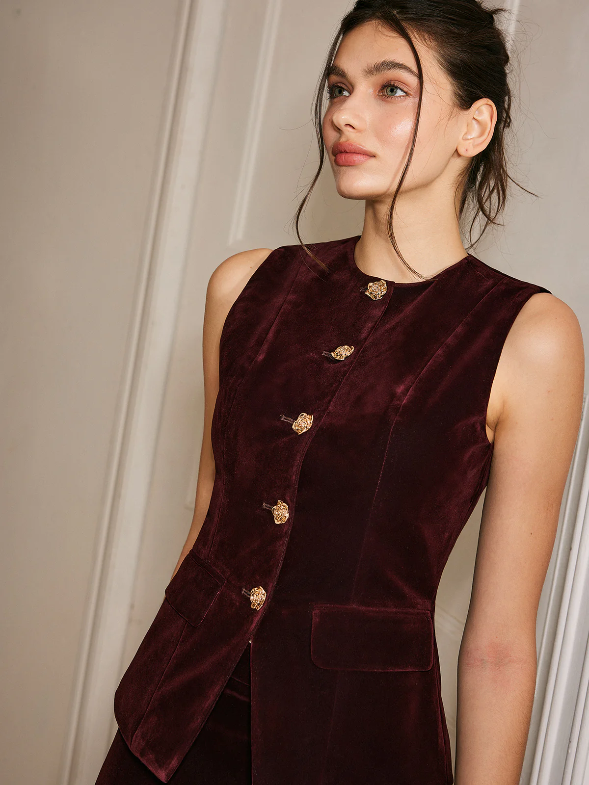 Metal-Button Velvet Cinched Vest - Image 3