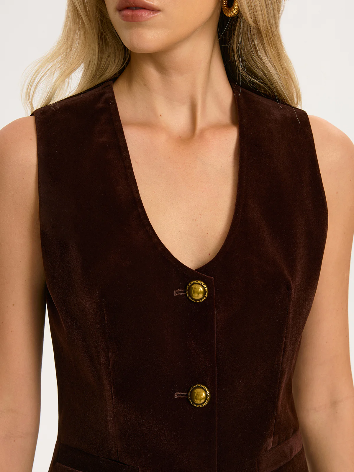 Metal Button Velvet Sleeveless Vest - Image 3