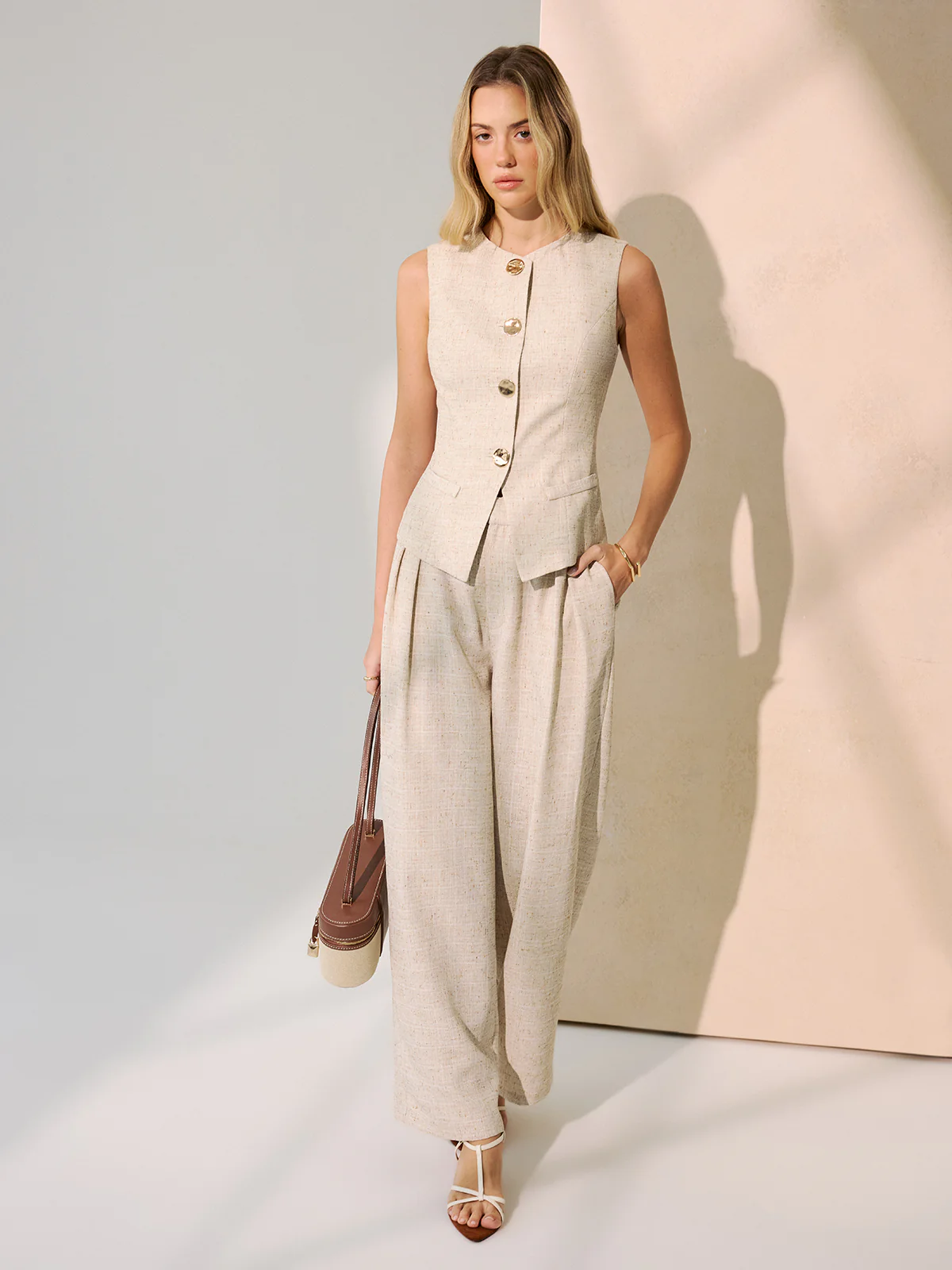 Metal Button Vest & Wide-Leg Pants Set