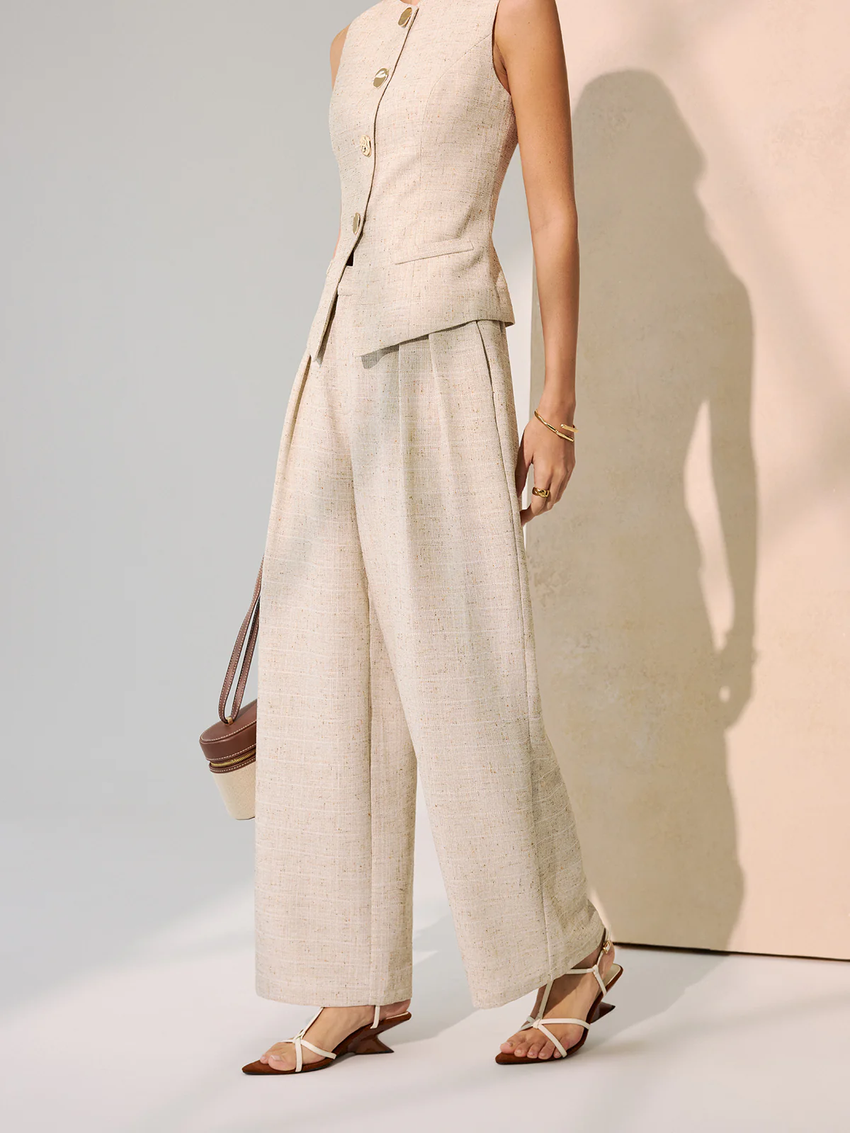Metal Button Vest & Wide-Leg Pants Set - Image 2
