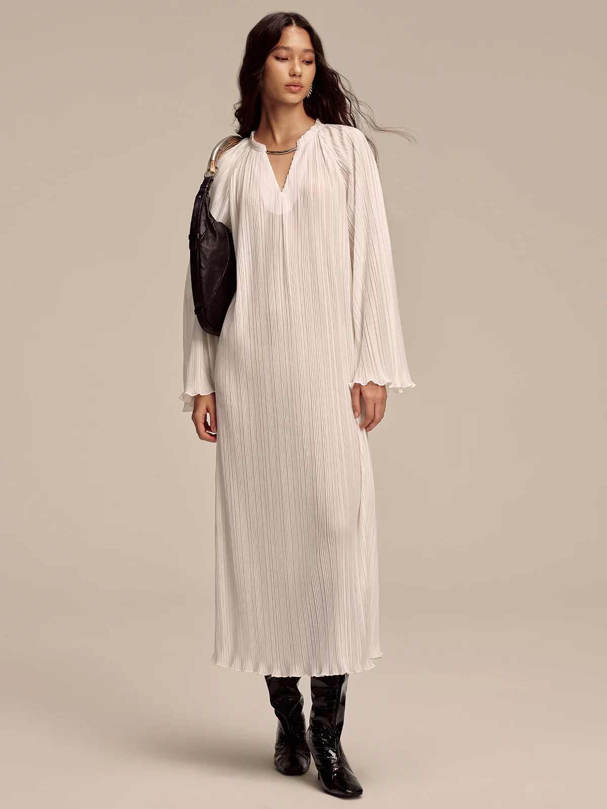 Metal Collar Pleated Long-Sleeve Maxi Dress - Image 3