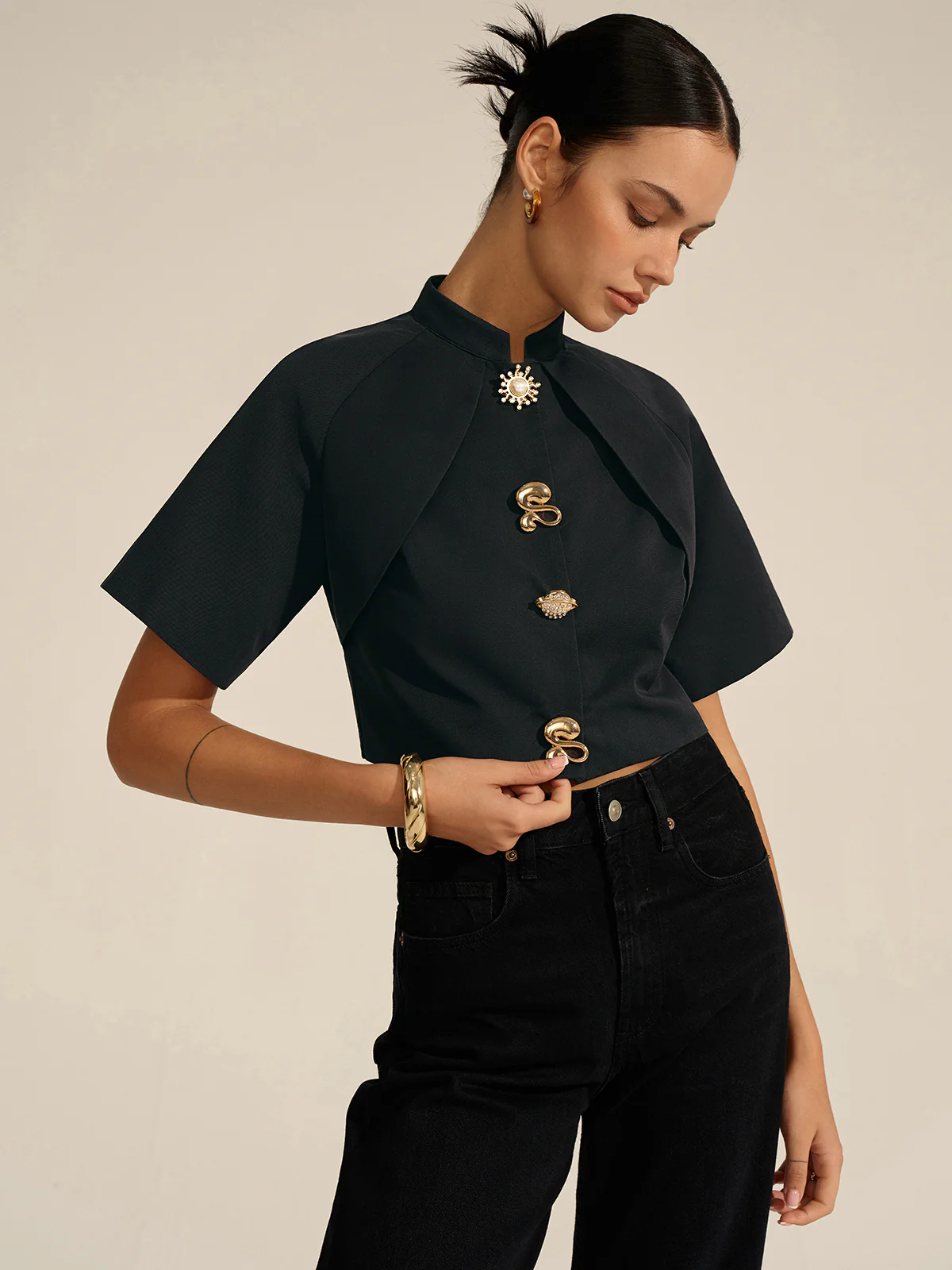 Metal Decor Cropped Blouse - Image 4