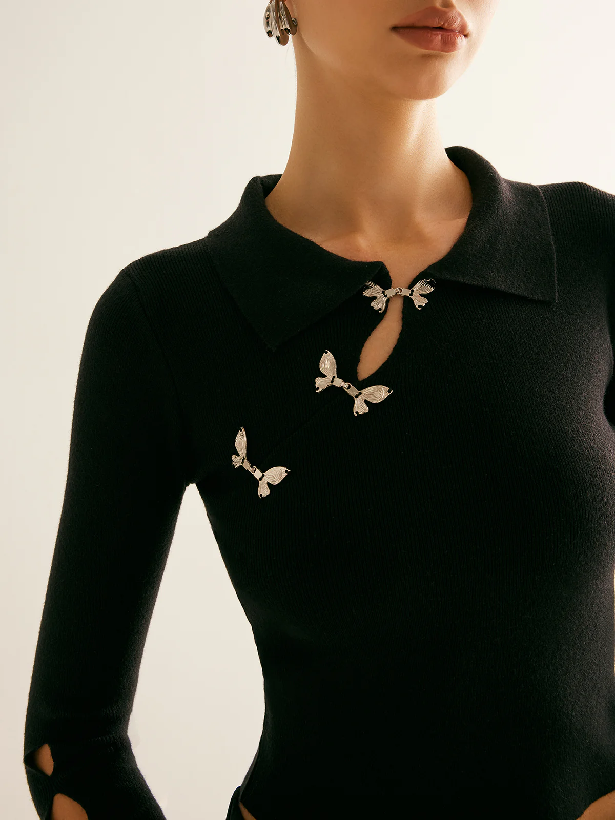 Metal-Decor Cutout Lapel Crop Sweater - Image 3