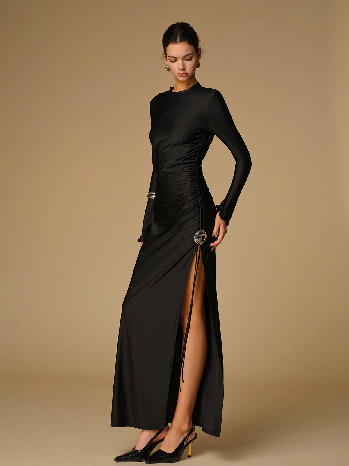 Metal Decor Split Pleated Long Dress - Image 2