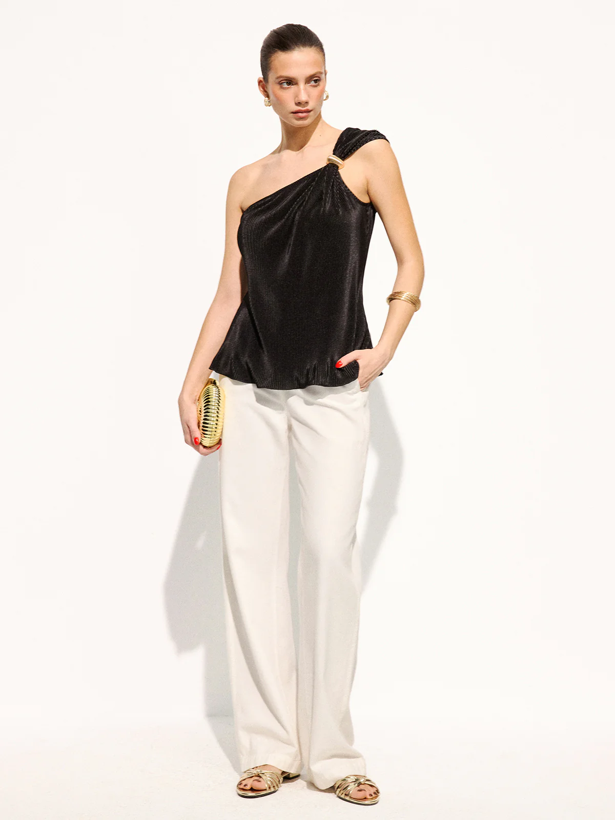 Metal Decor Textured One Shoulder Tank Top - Image 3