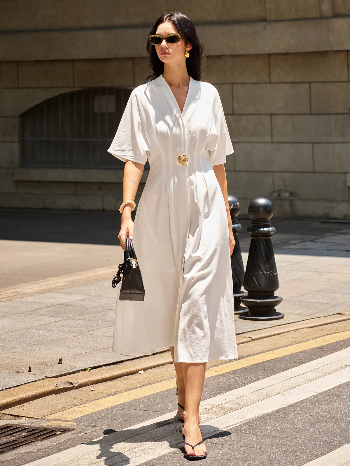 Metal Decor V-Neck Midi Dress - Image 3
