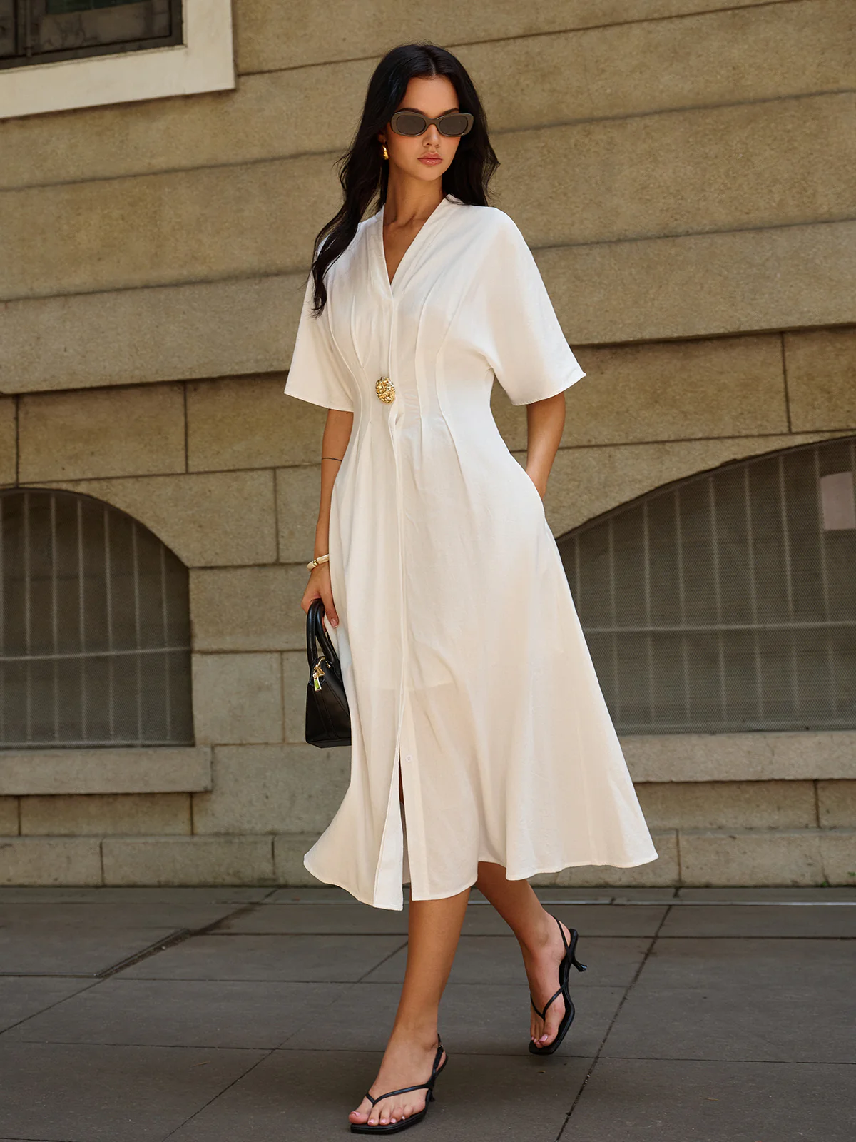 Metal Decor V-Neck Midi Dress - Image 6