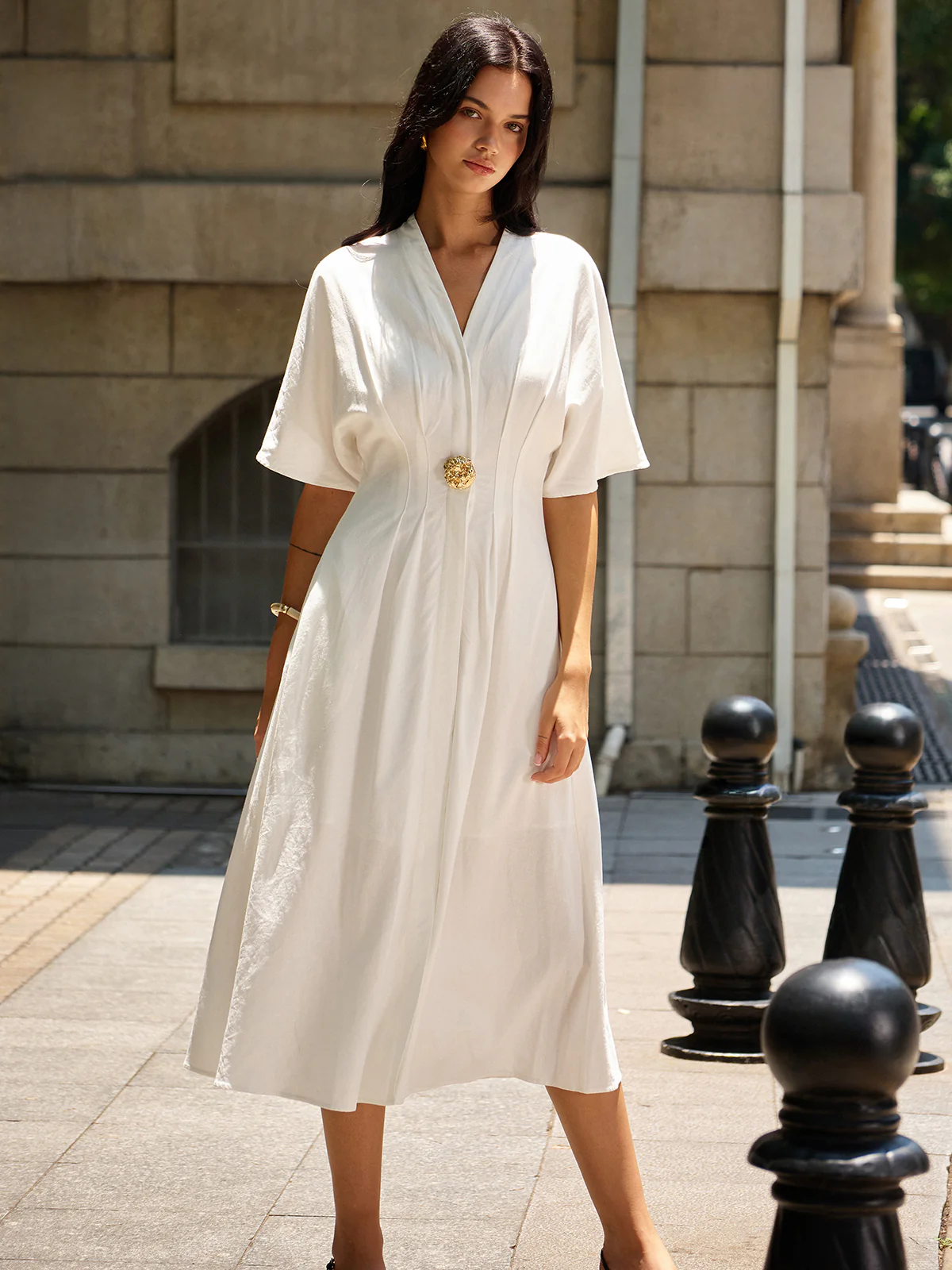 Metal Decor V-Neck Midi Dress - Image 7