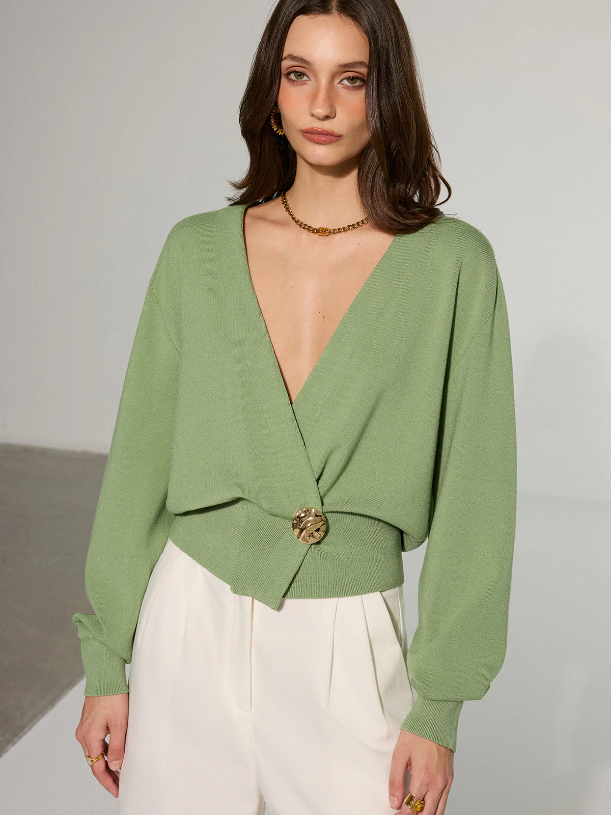 Metal Decor Waisted Knitted Wrap Cardigan - Image 4