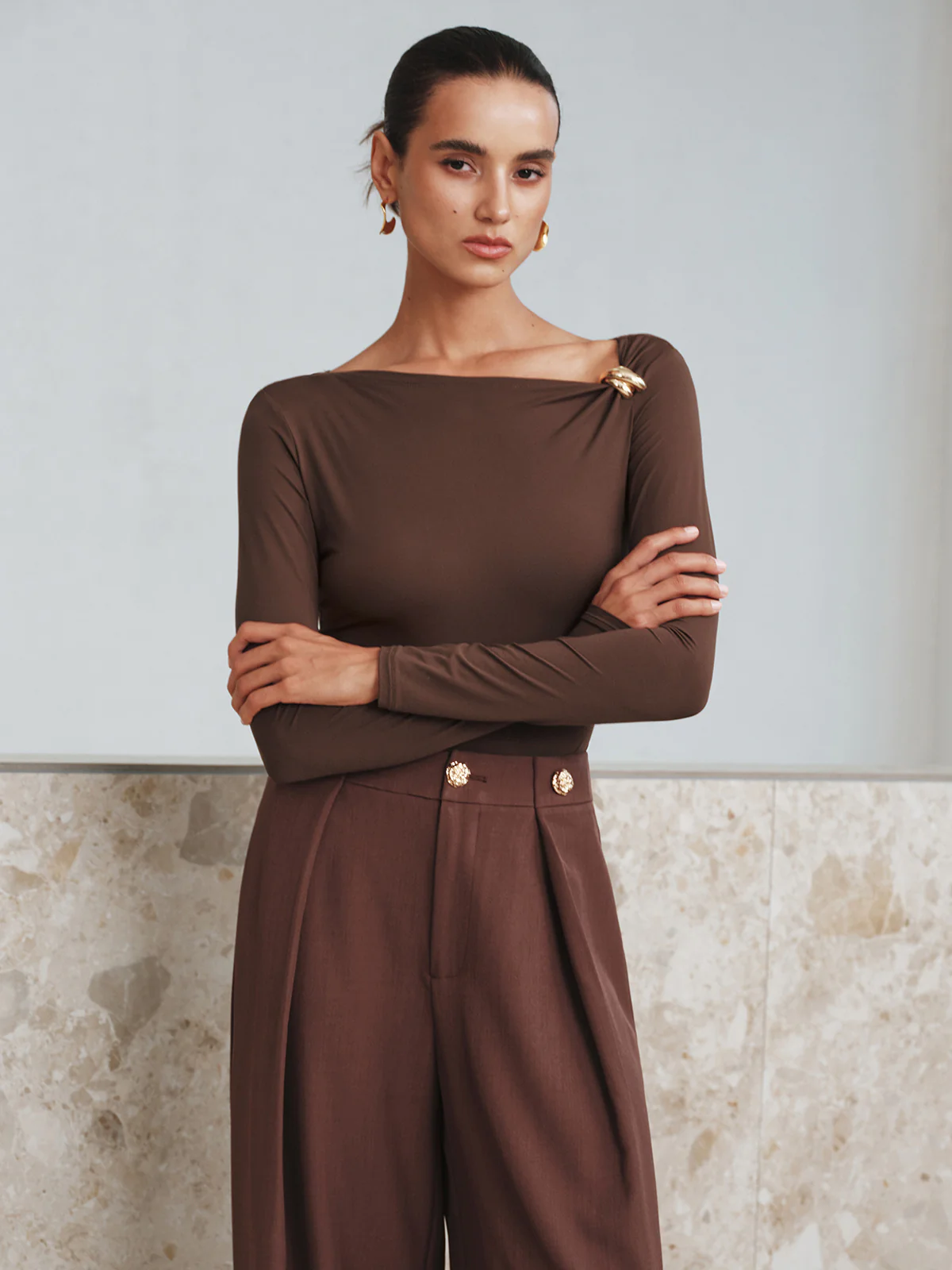 Metal Detail Asymmetric Neckline Bodysuit - Image 2