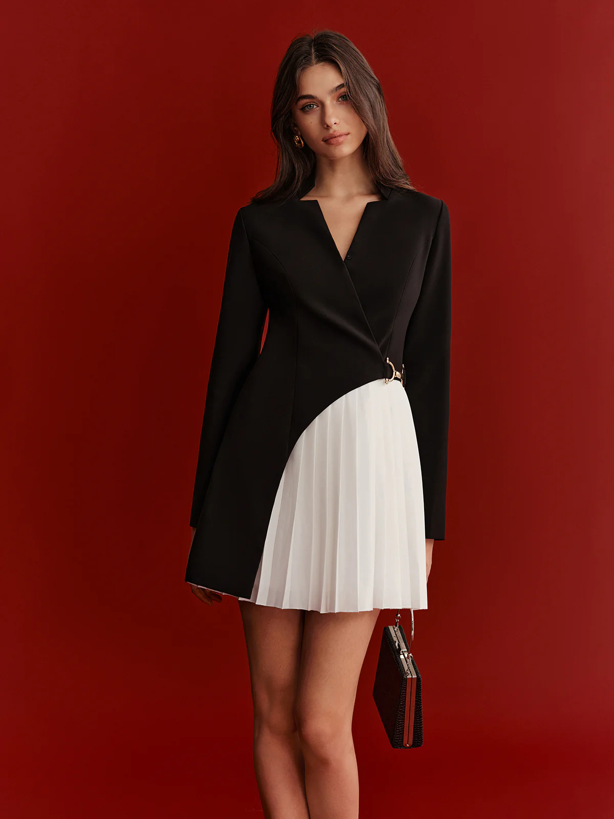 Metal Detail Asymmetric Pleated Panel Mini Dress - Image 4