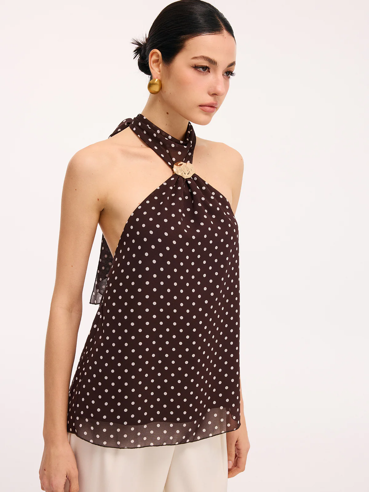 Metal Detail Backless Polka Dot Halter Top - Image 2