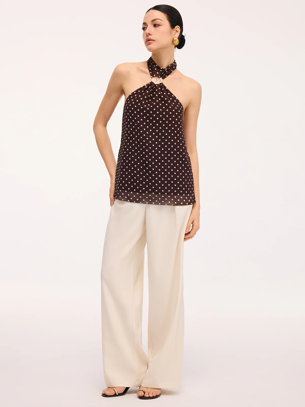 Metal Detail Backless Polka Dot Halter Top - Image 3