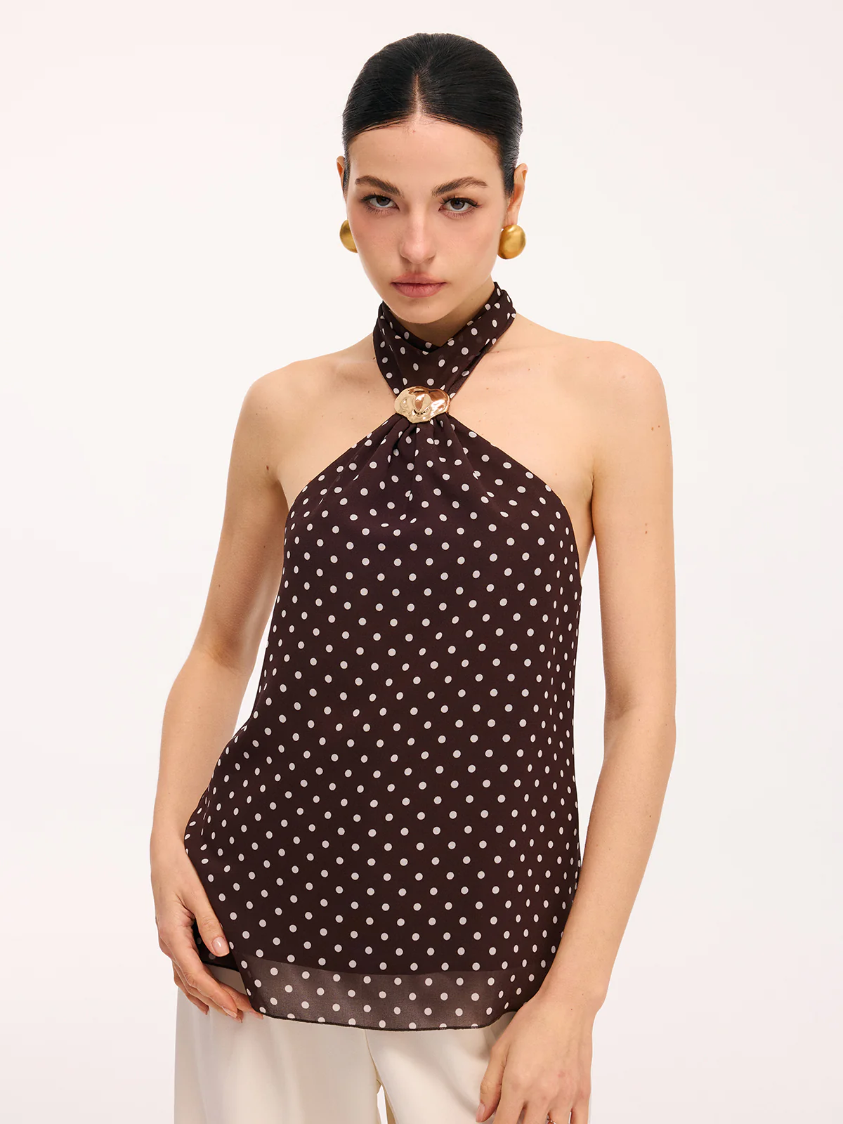 Metal Detail Backless Polka Dot Halter Top - Image 5