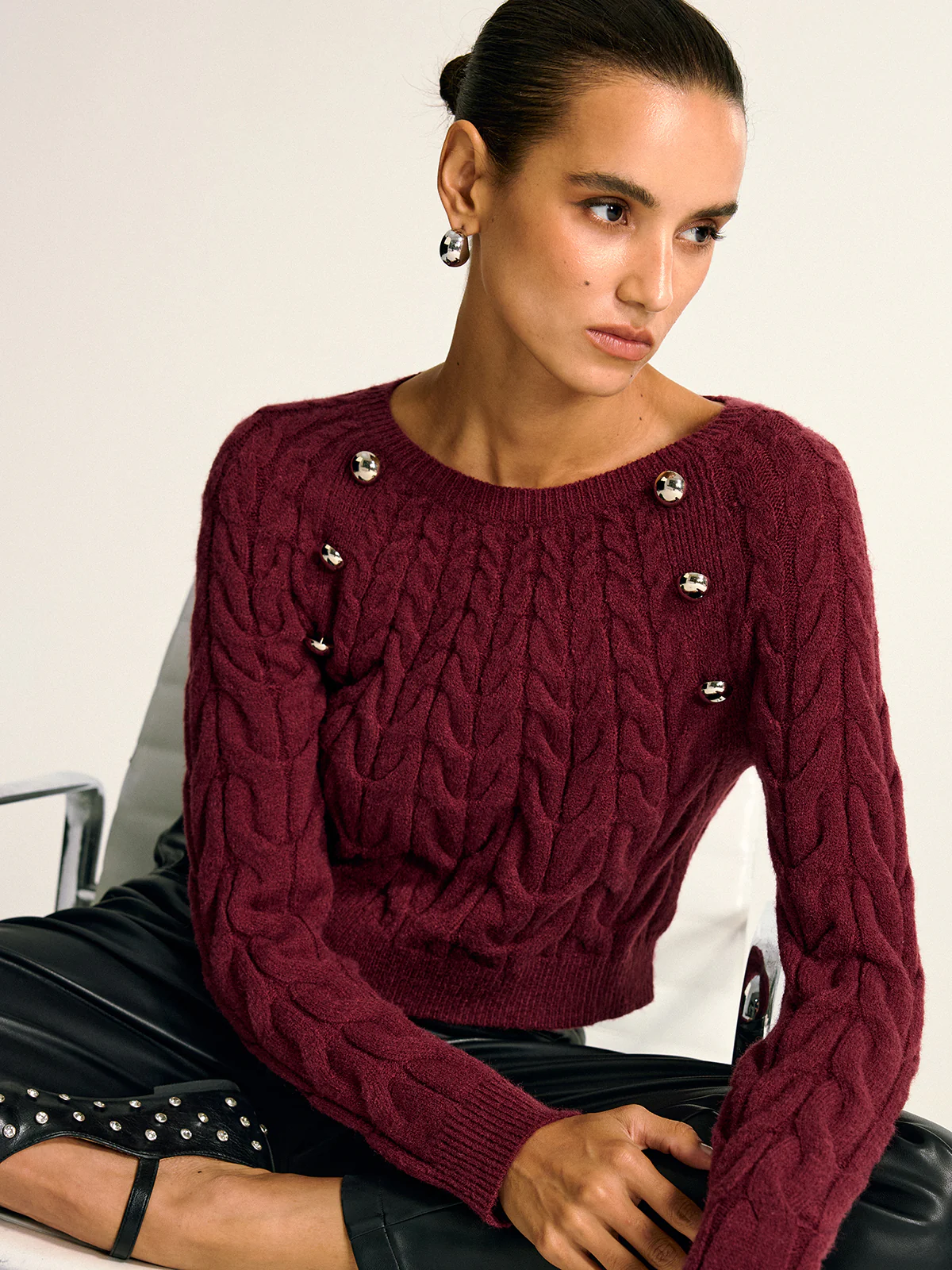 Metal Detail Cable Knit Round Neck Sweater - Image 2