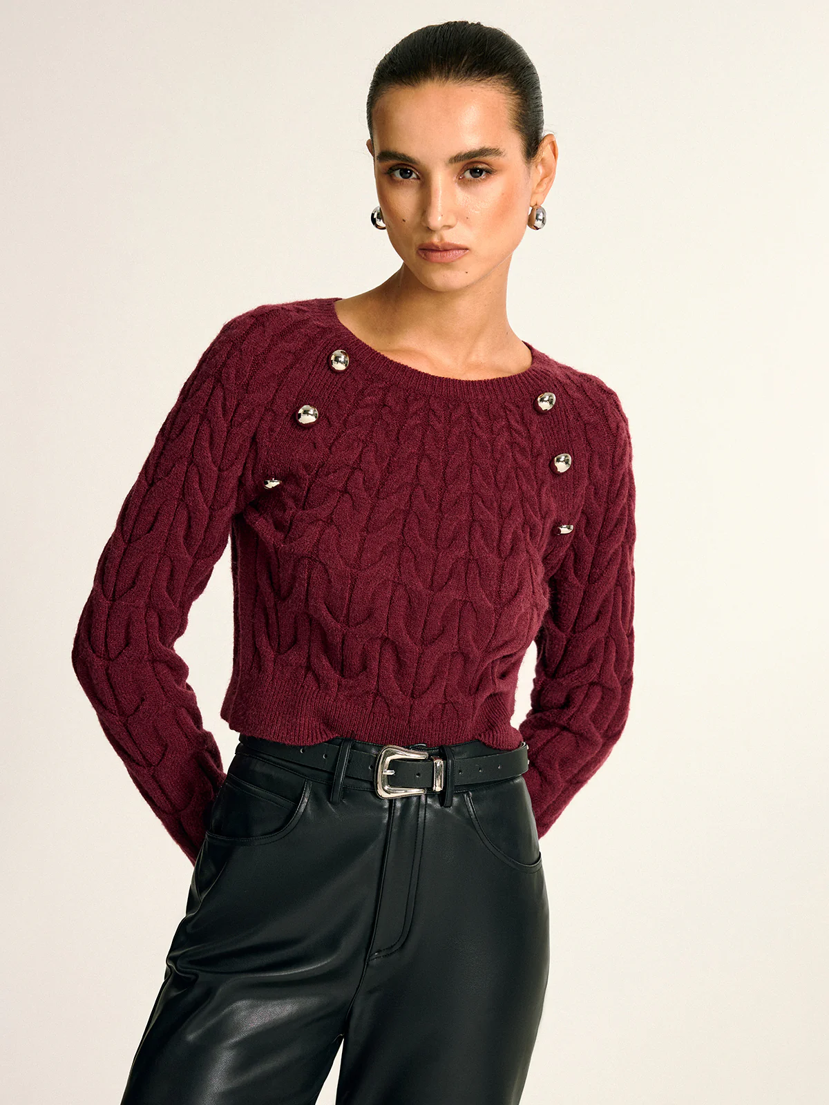 Metal Detail Cable Knit Round Neck Sweater - Image 3