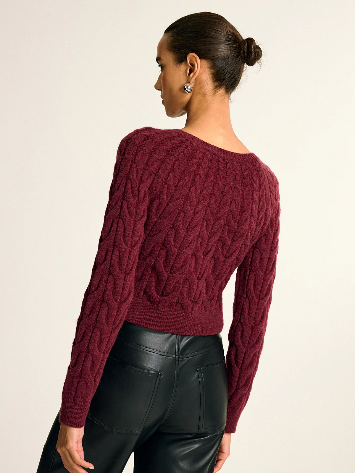 Metal Detail Cable Knit Round Neck Sweater - Image 4