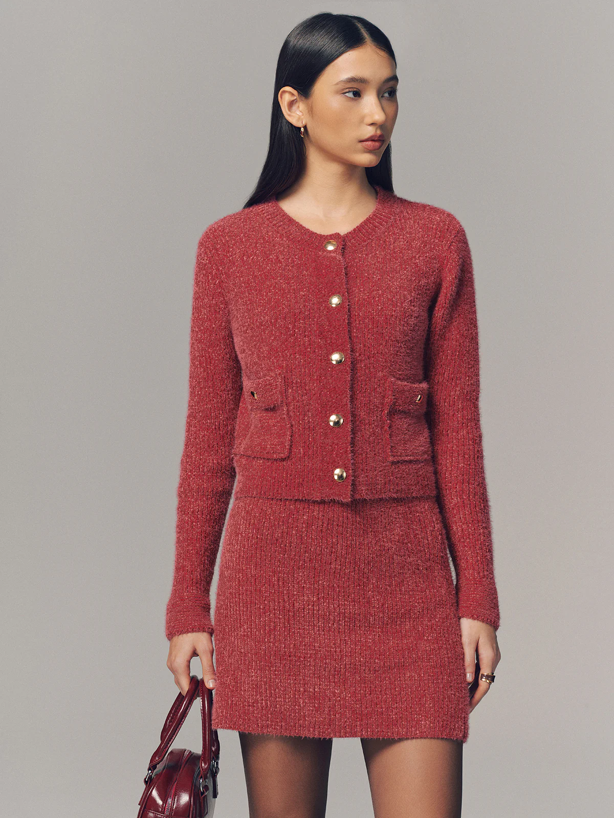 Metal Detail Cardigan & Mini Skirt Set - Image 2