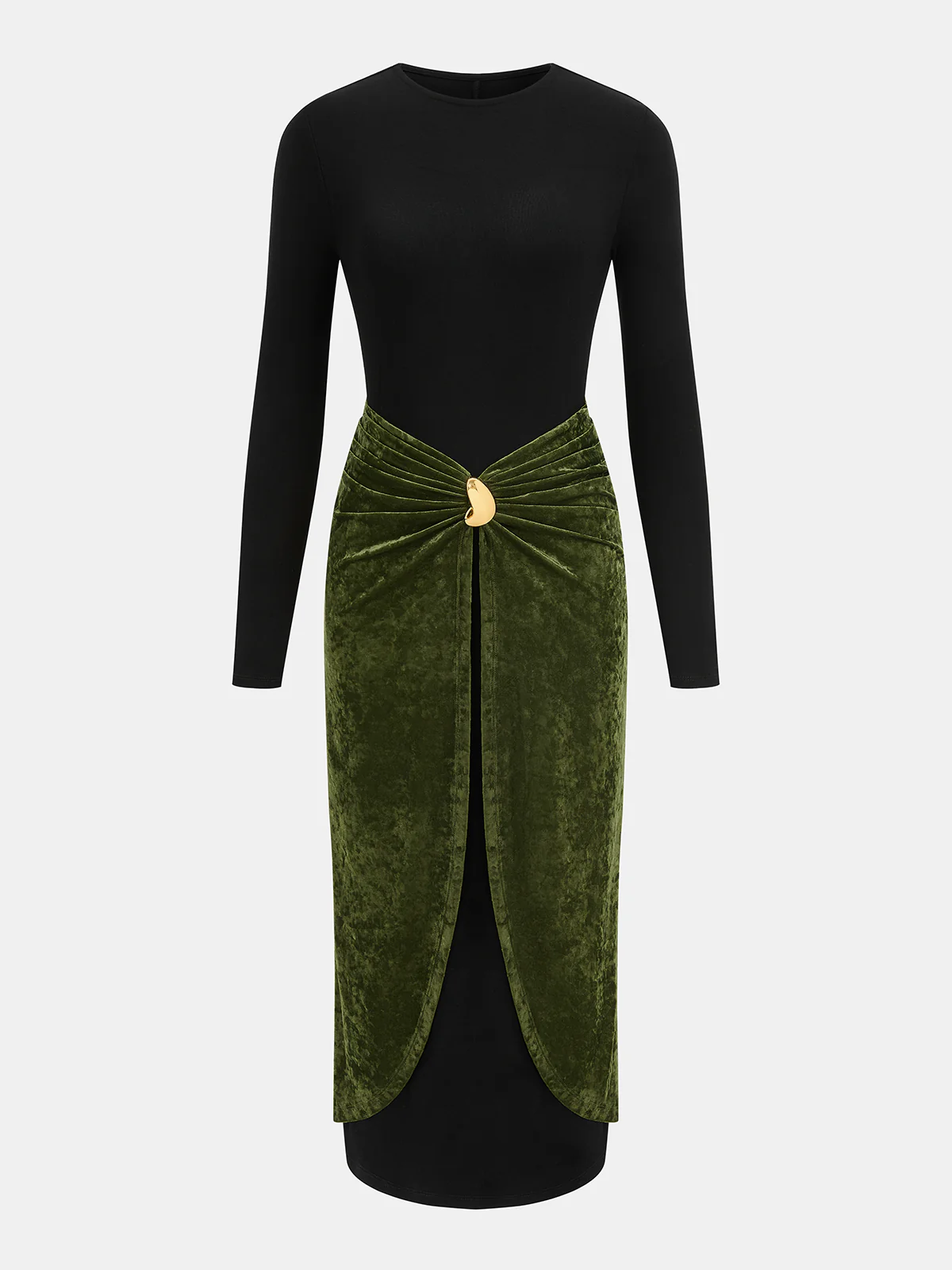 Metal Detail Color-Block Velvet Panel Dress