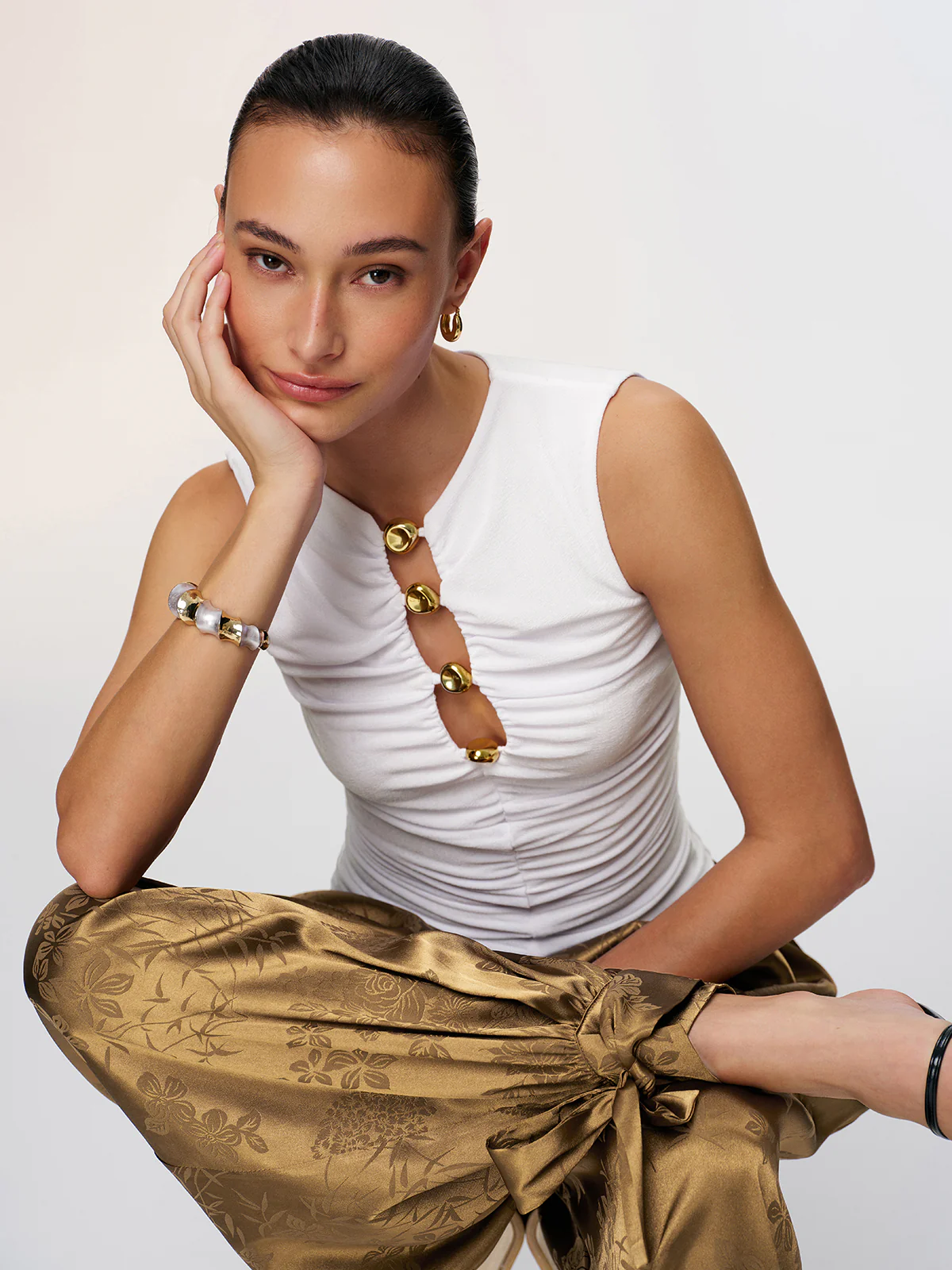 Metal Detail Cut-Out Sleeveless Ruched Top