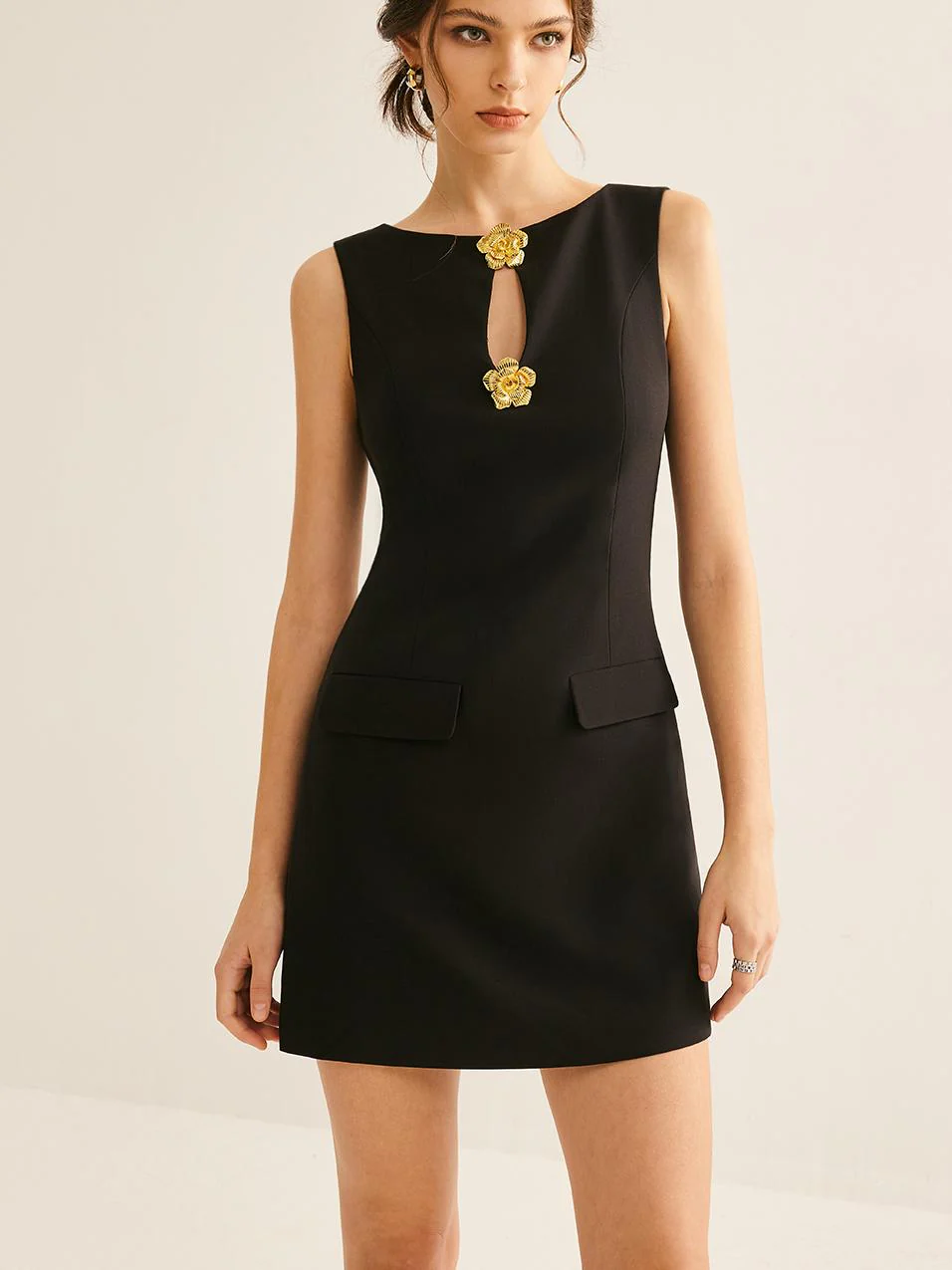 Golden Flower Brooch Cutout Tank Dress - Image 2