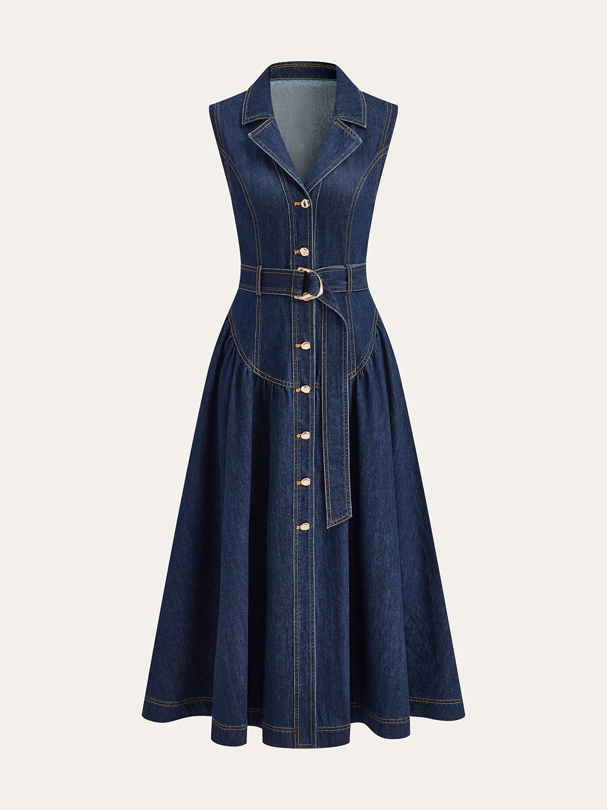Metal Detail Denim Button-Front Belted Dress - Image 2