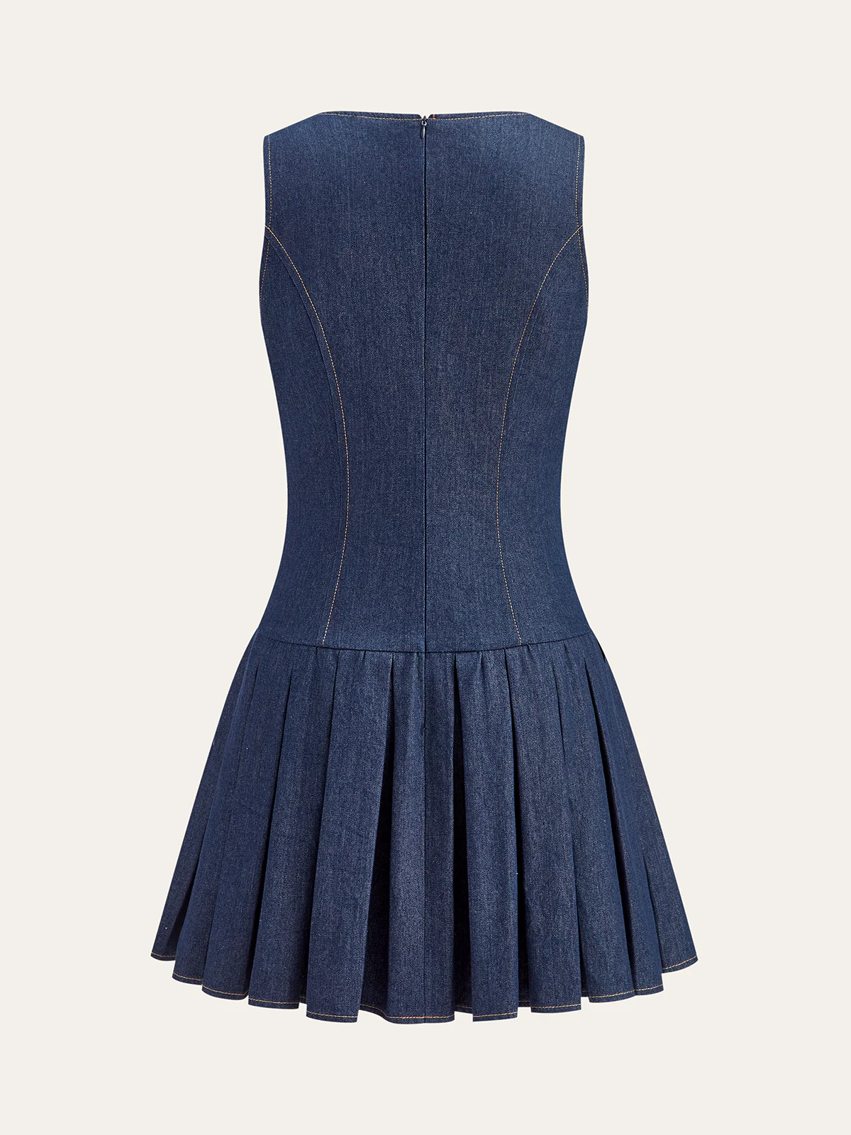 Metal Detail Denim Pleated Sleeveless Dress - Image 5