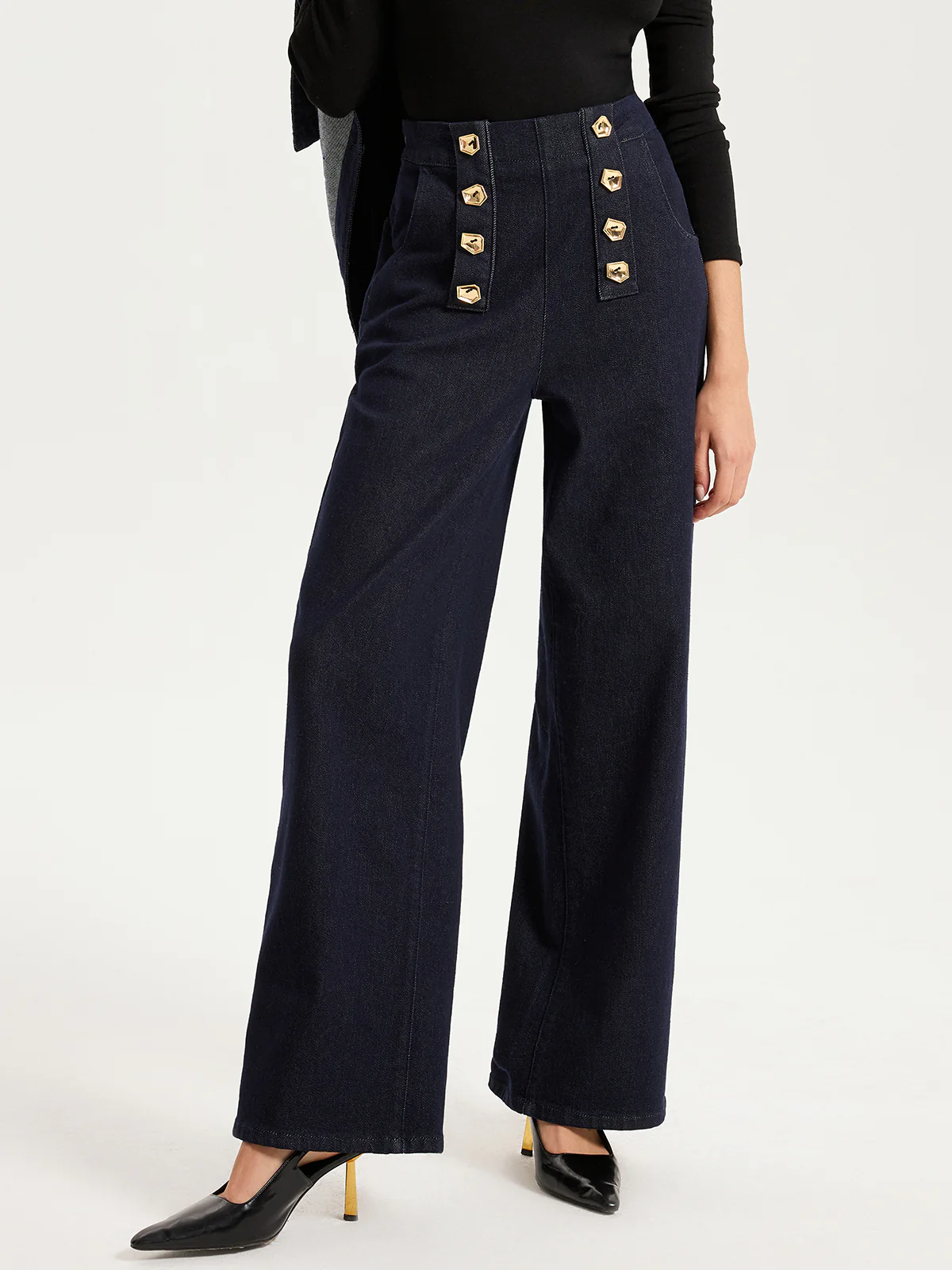 Metal Detail Denim Wide-Leg Jeans