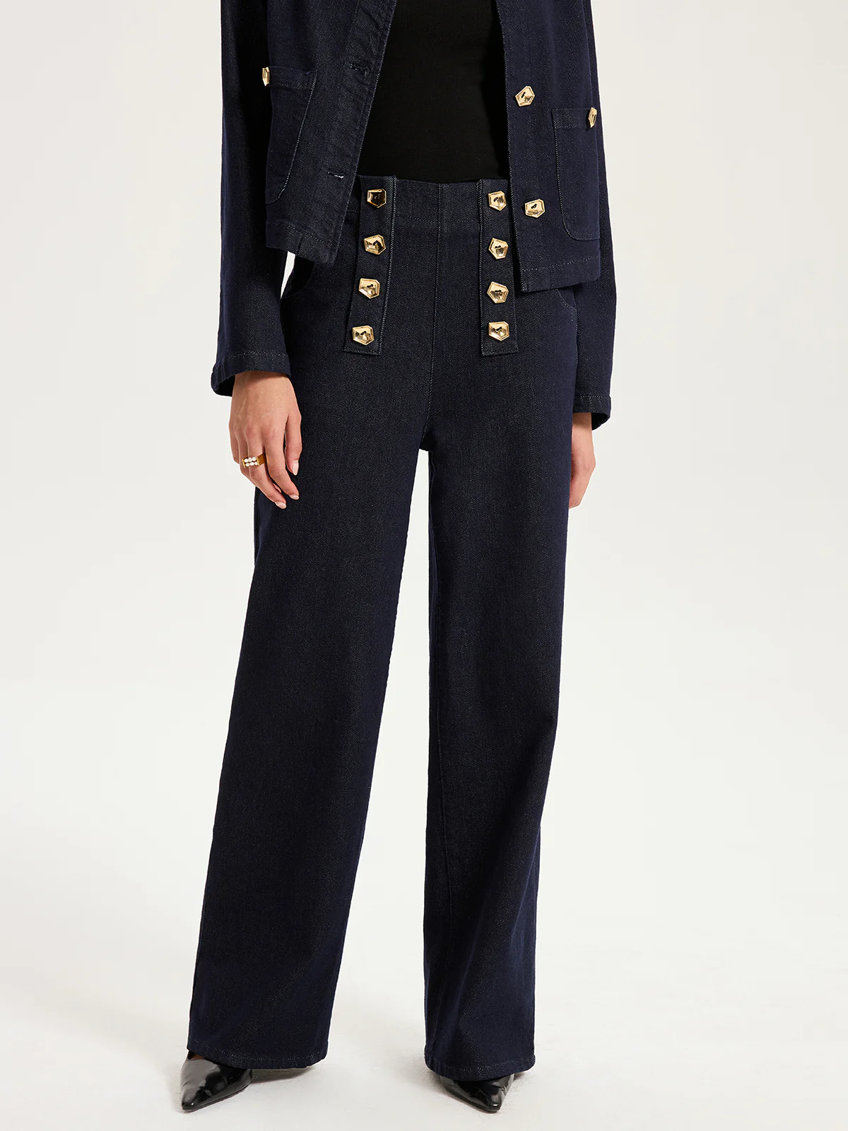 Metal Detail Denim Wide-Leg Jeans - Image 3