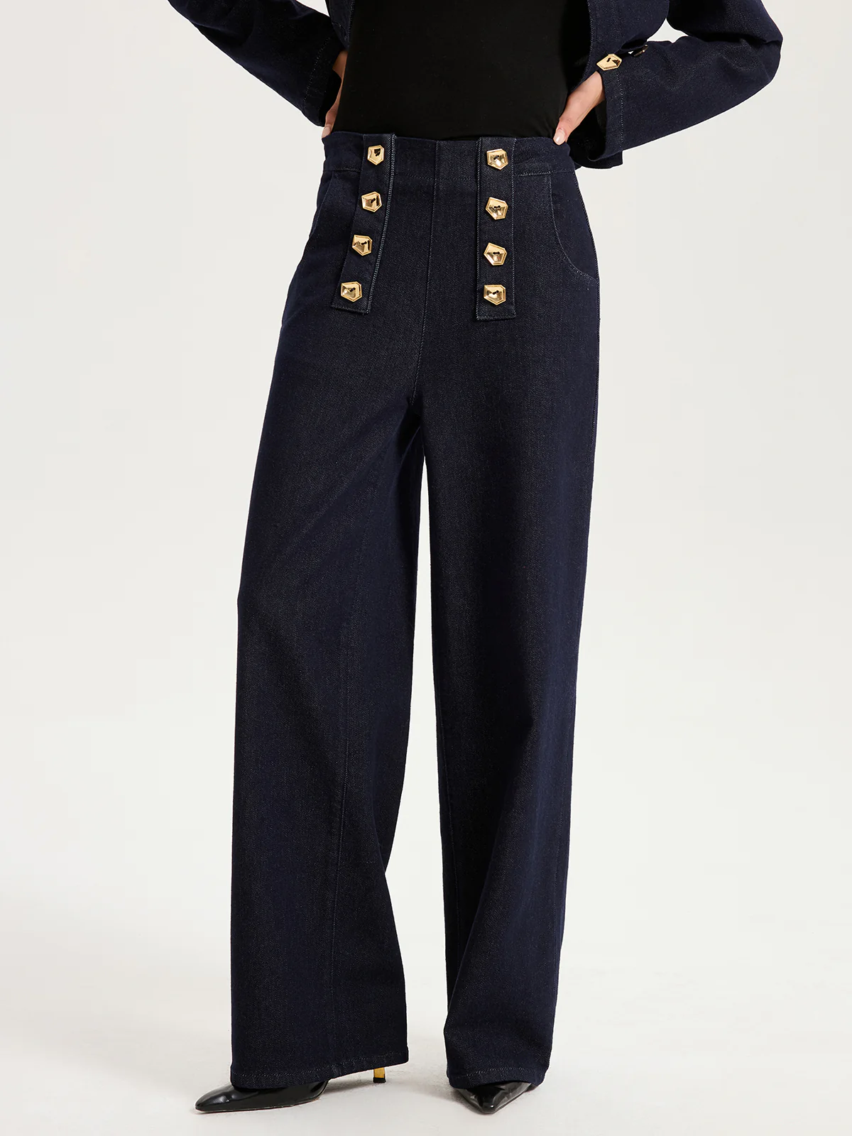 Metal Detail Denim Wide-Leg Jeans - Image 4