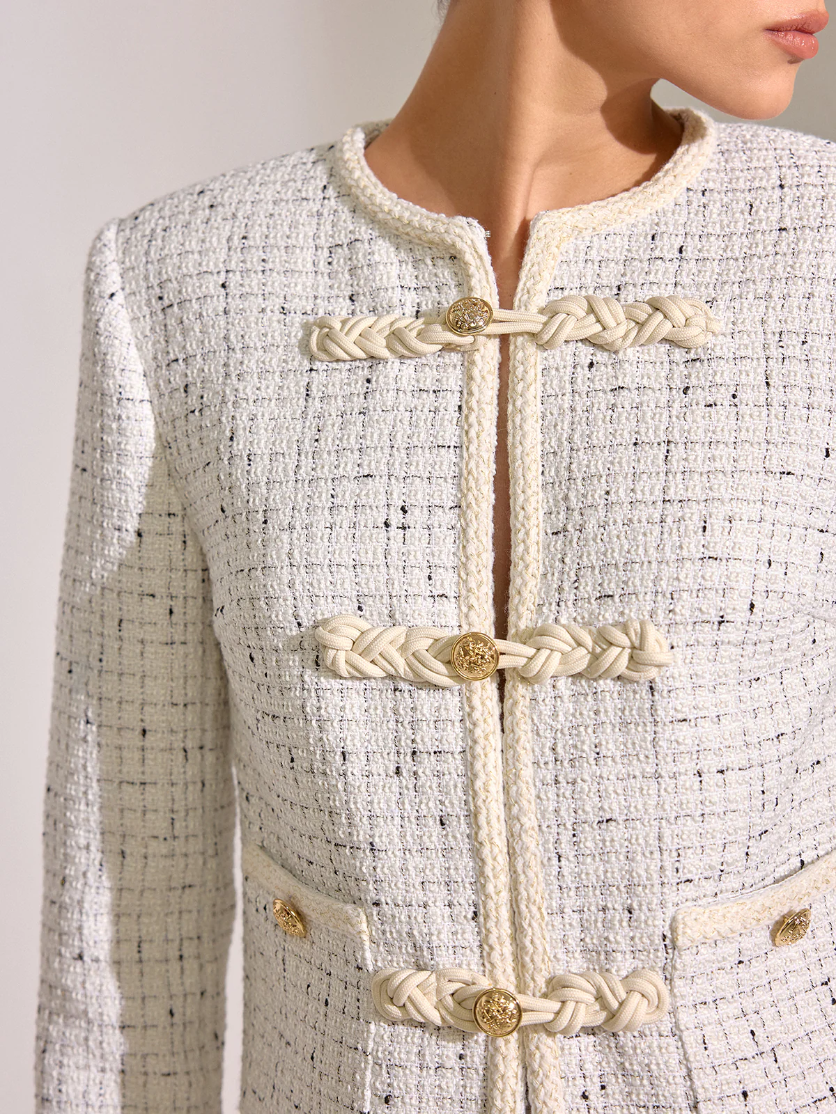 Metal Detail Knot Button Tweed Jacket - Image 9