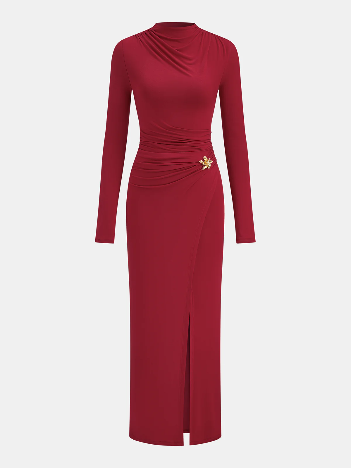 Metal Detail Mock Neck Long Sleeve Maxi Dress