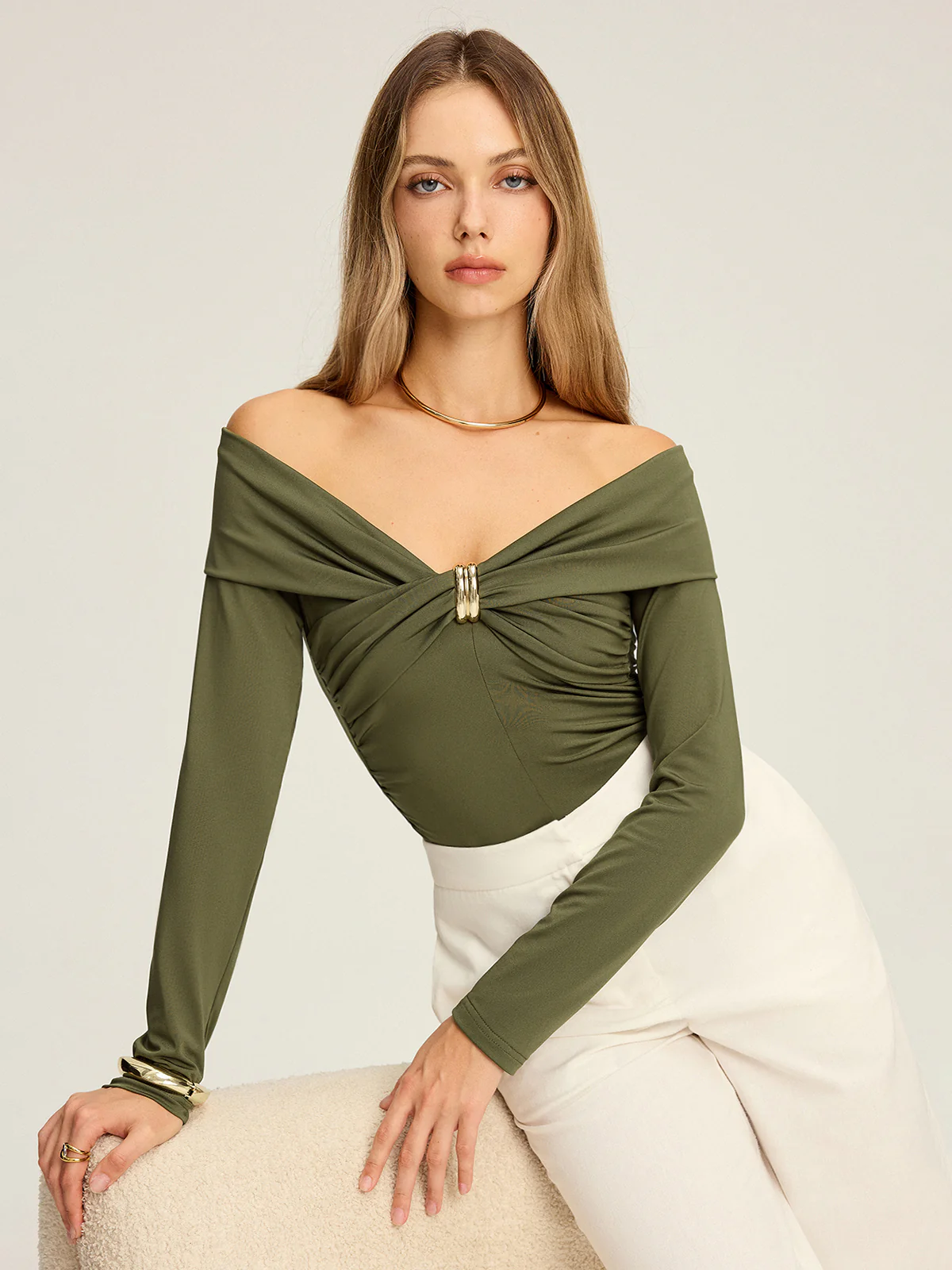 Metal Detail Off-Shoulder Long Sleeve Blouse - Image 2