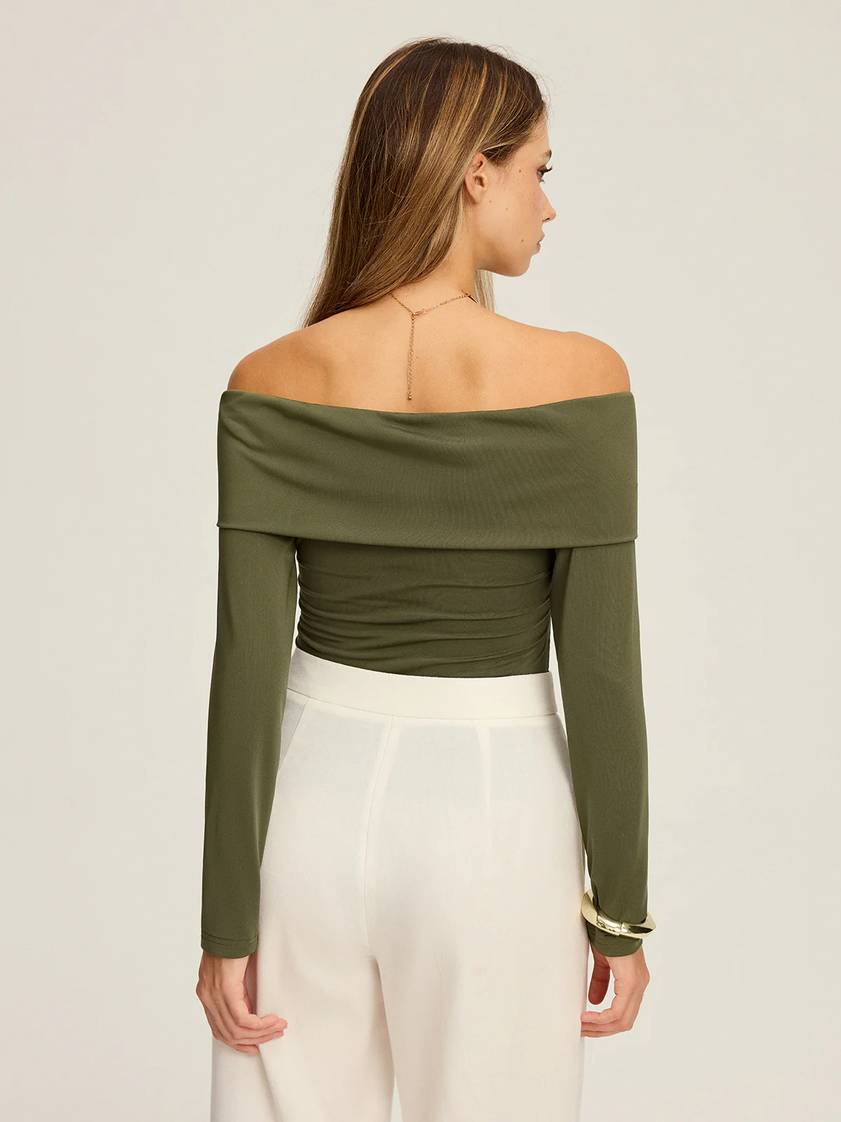 Metal Detail Off-Shoulder Long Sleeve Blouse - Image 6