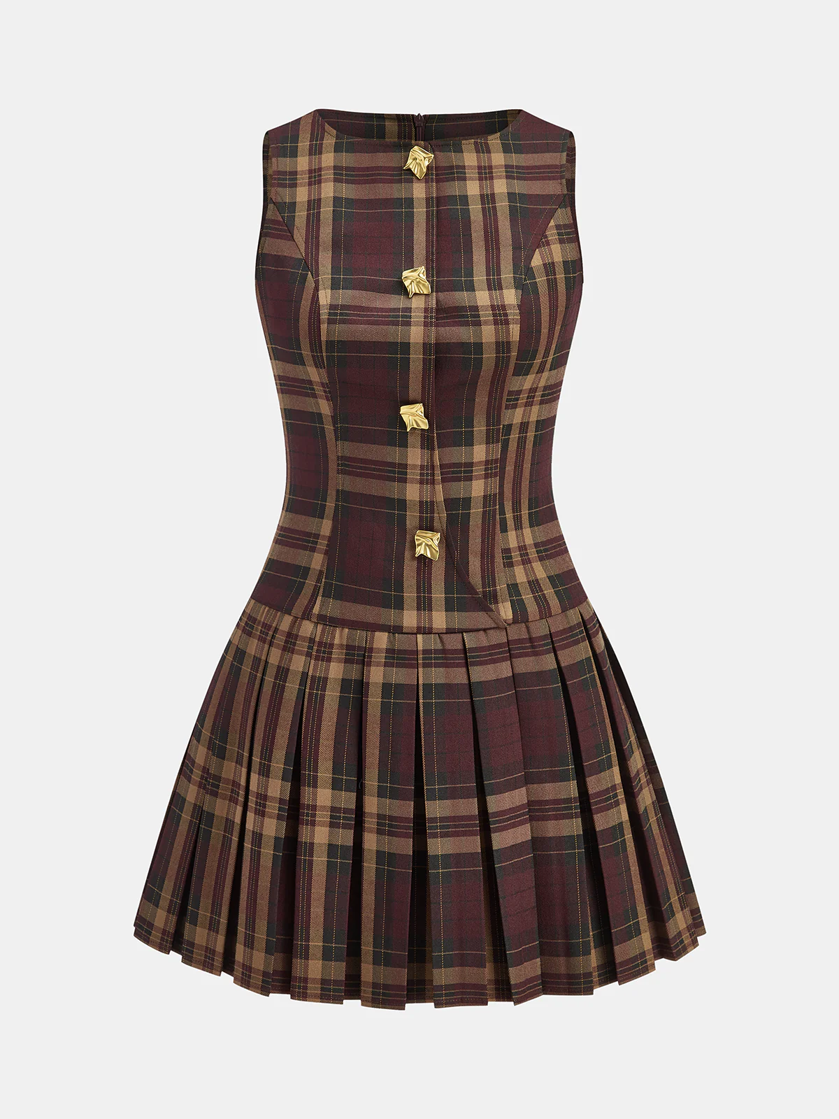 Metal Detail Plaid Sleeveless Pleated Mini Dress