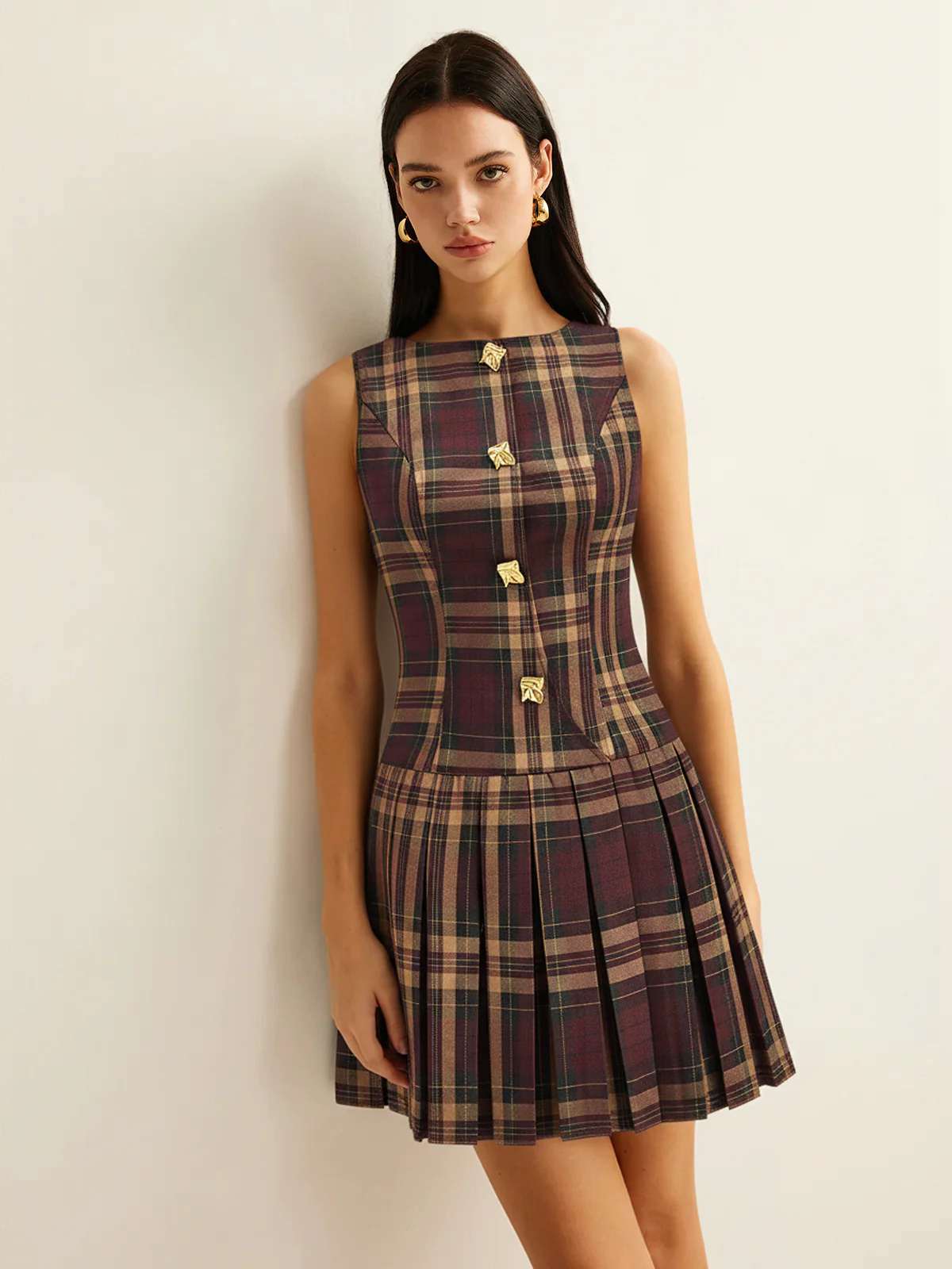 Metal Detail Plaid Sleeveless Pleated Mini Dress - Image 6