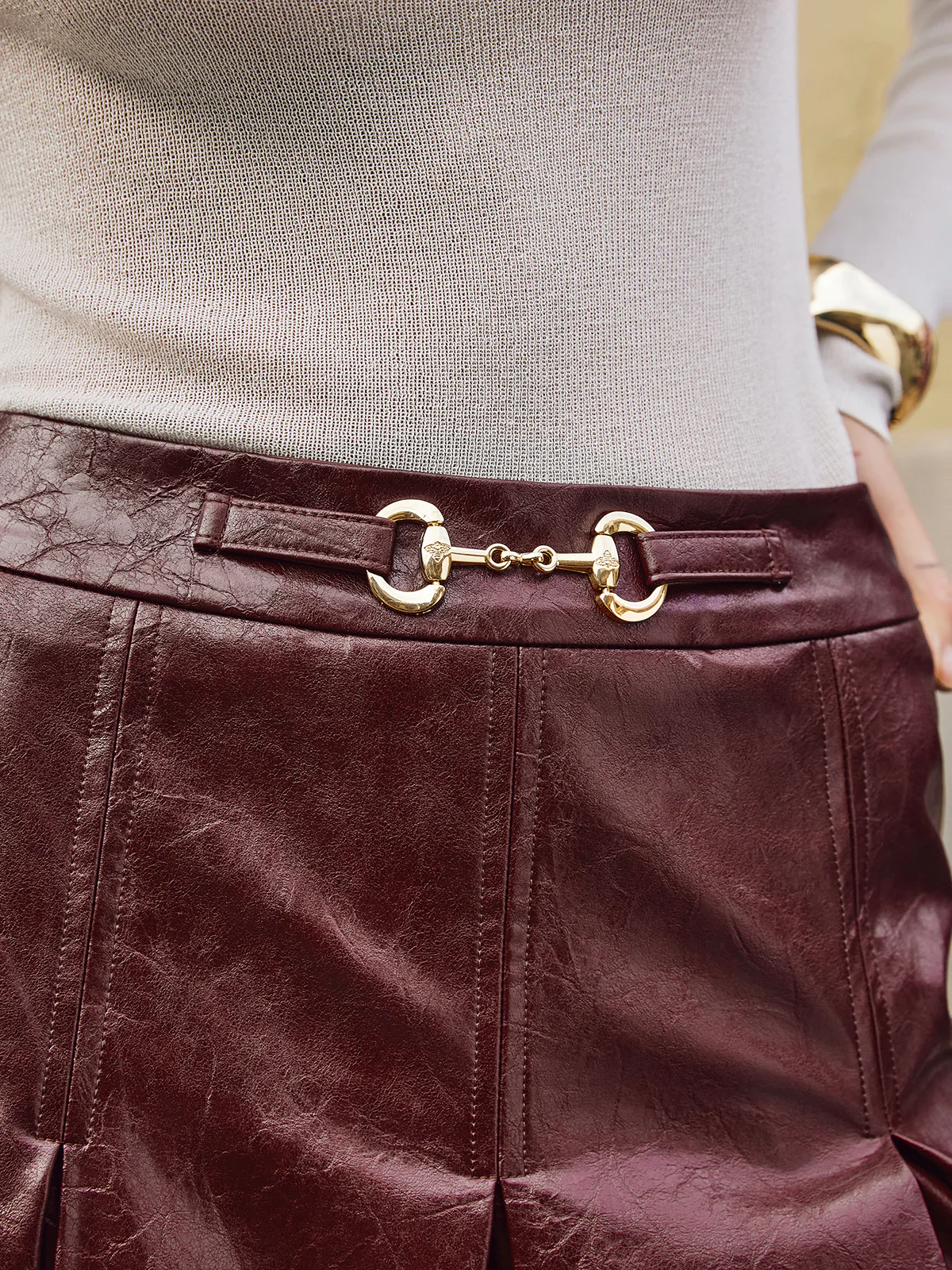 Metal-Detail Pleated Faux Leather Skirt - Image 5