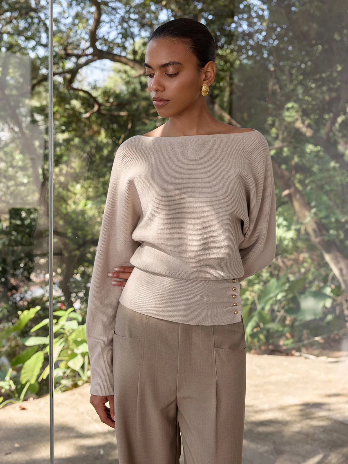 Metal Detail Ribbed Knit Sweater