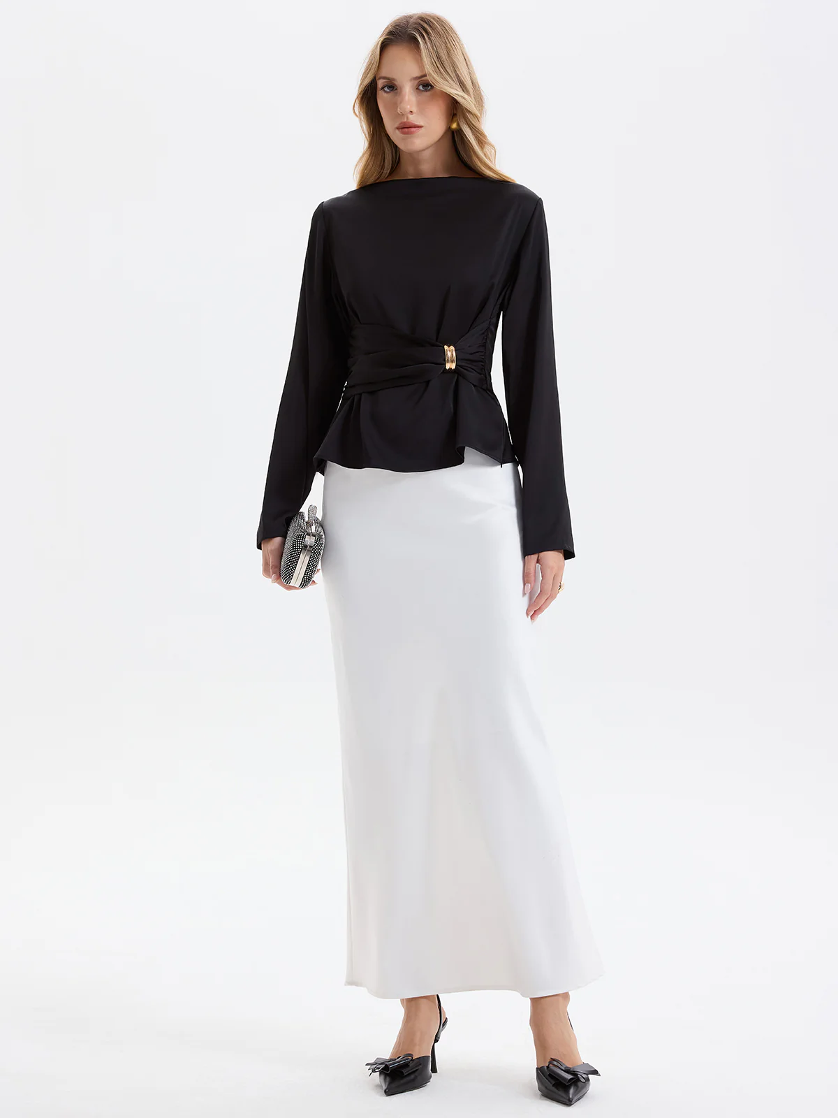 Metal Detail Ruched Waist Satin Blouse - Image 3