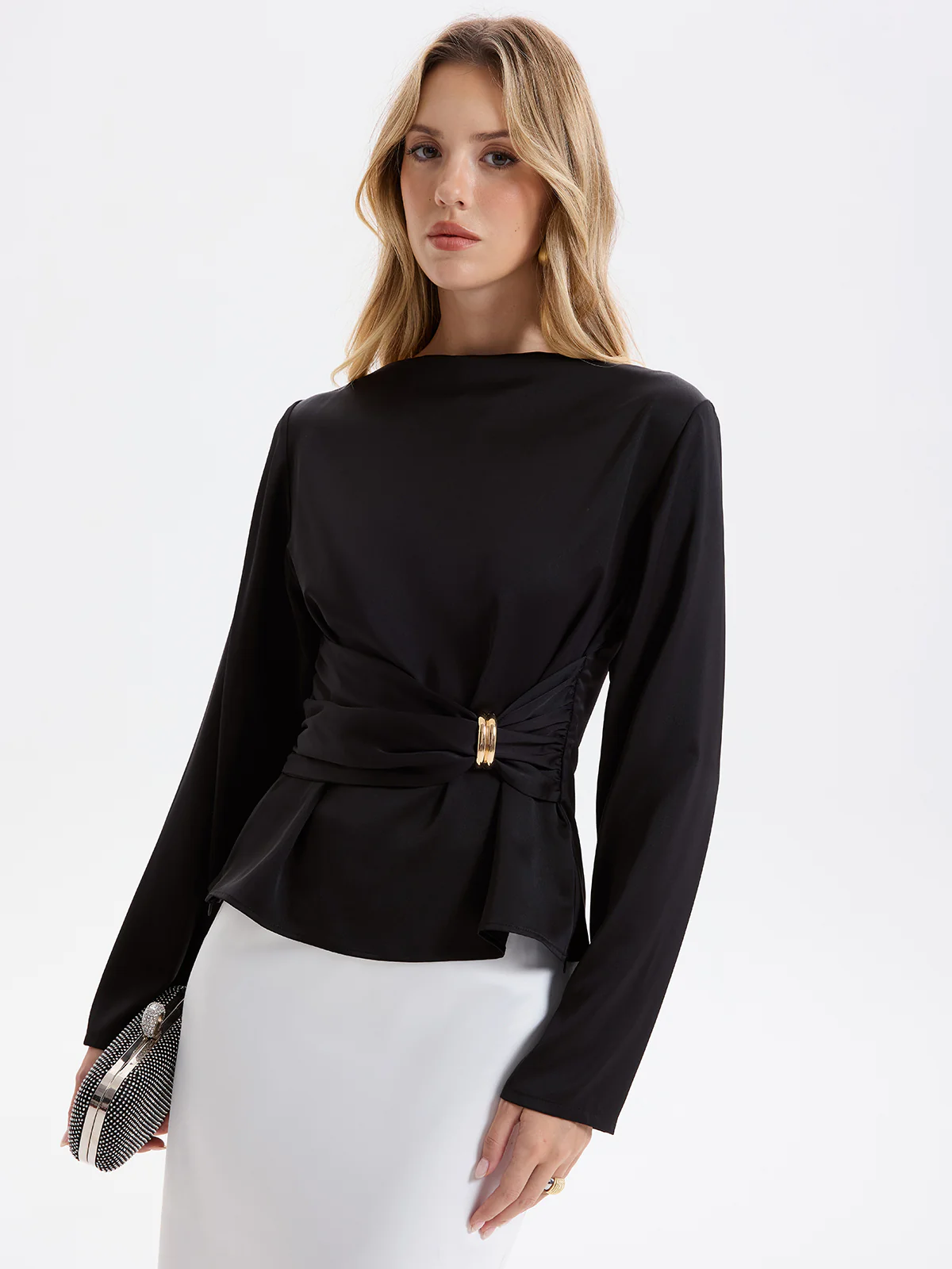 Metal Detail Ruched Waist Satin Blouse - Image 4