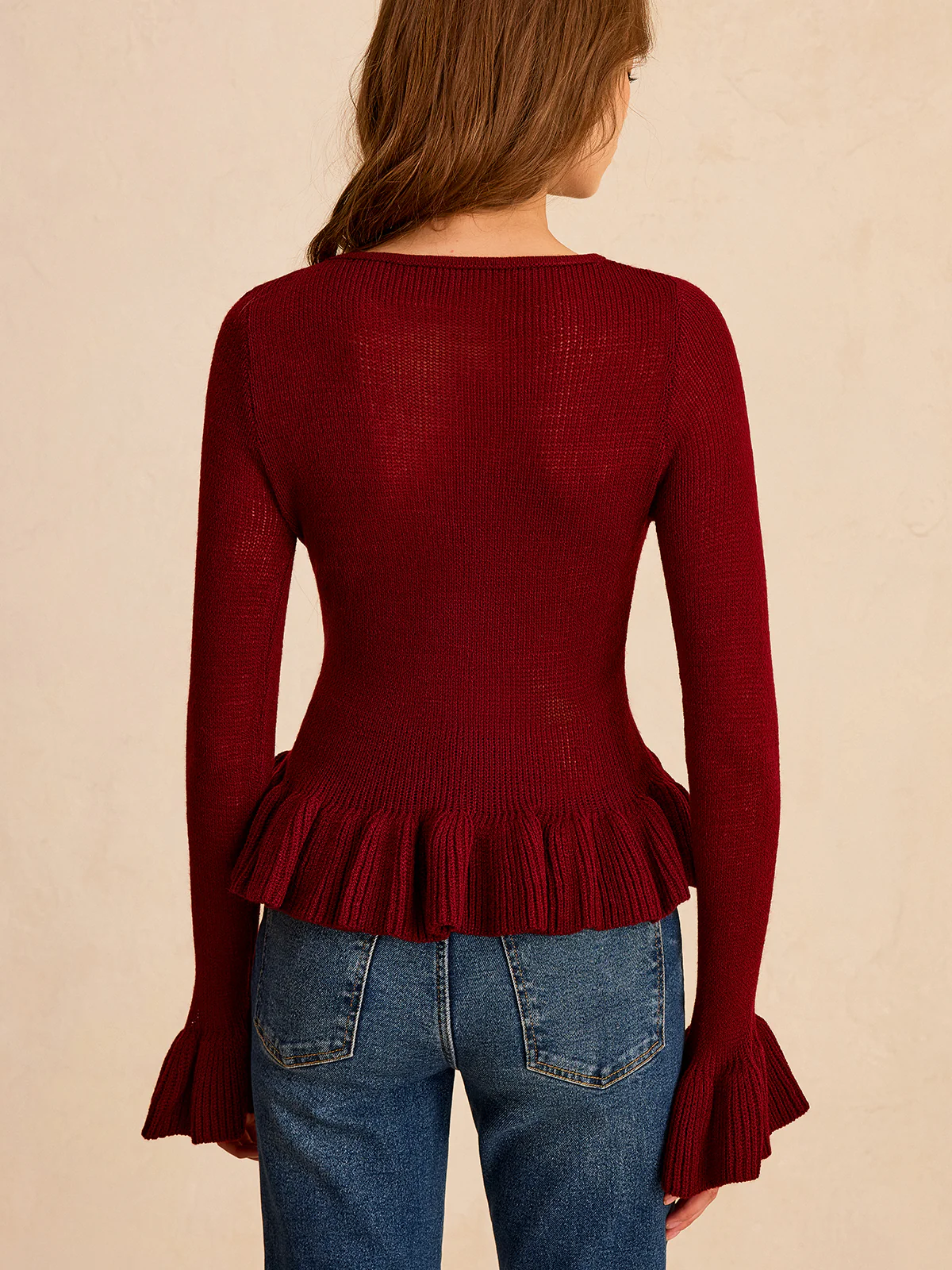 Metal Detail Ruffled Hem Knit Top - Image 2