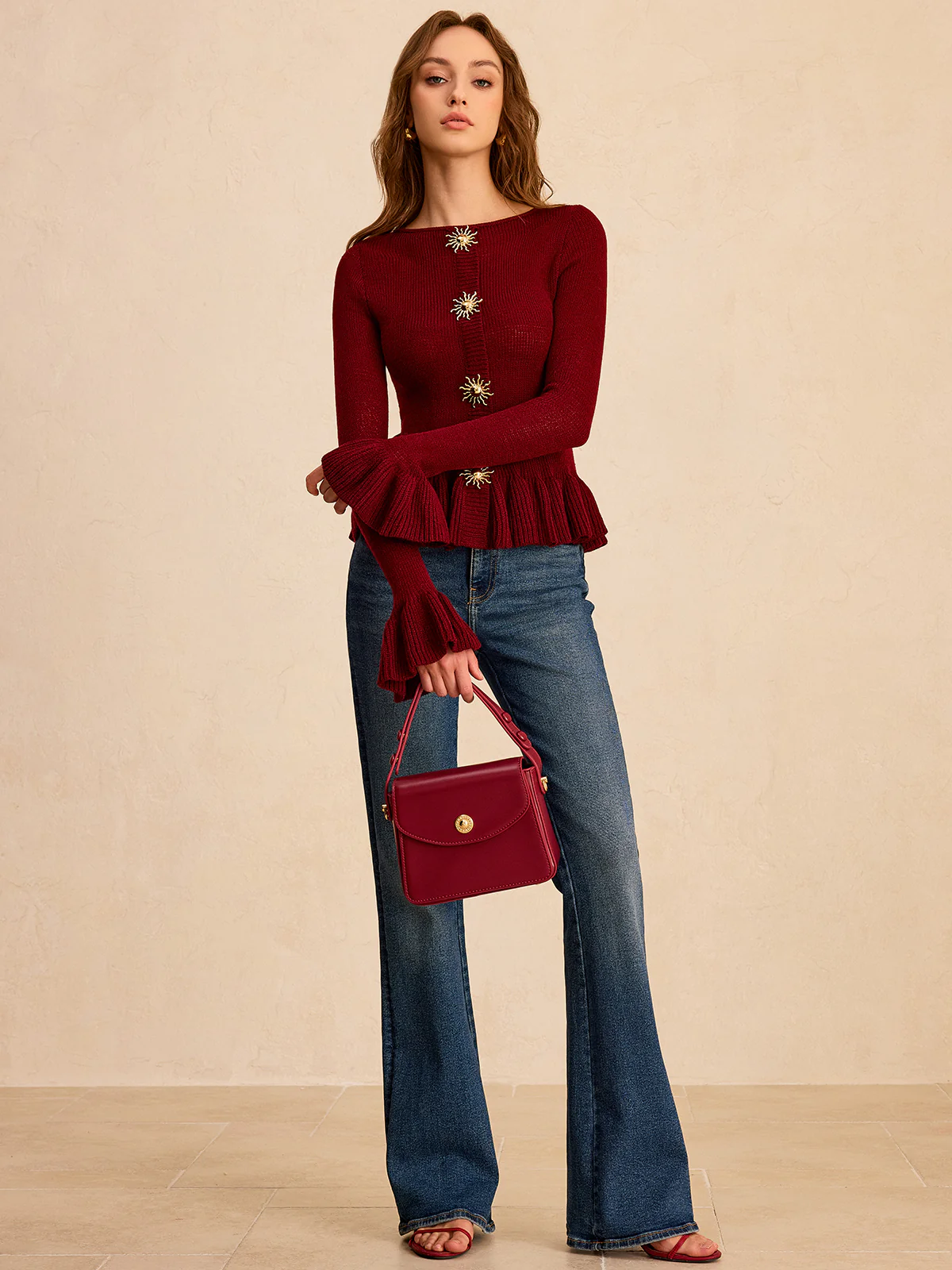 Metal Detail Ruffled Hem Knit Top - Image 3