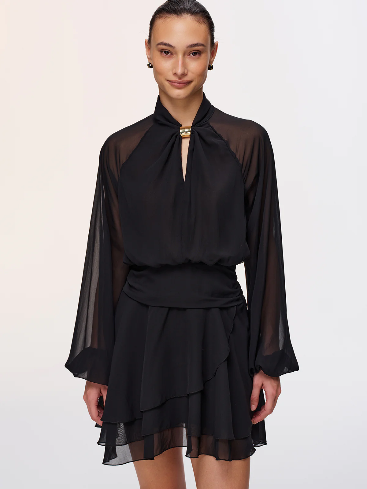 Metal Detail Semi-Sheer Chiffon Mini Dress - Image 4