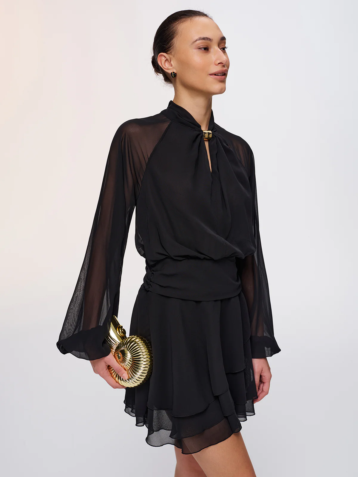 Metal Detail Semi-Sheer Chiffon Mini Dress - Image 5